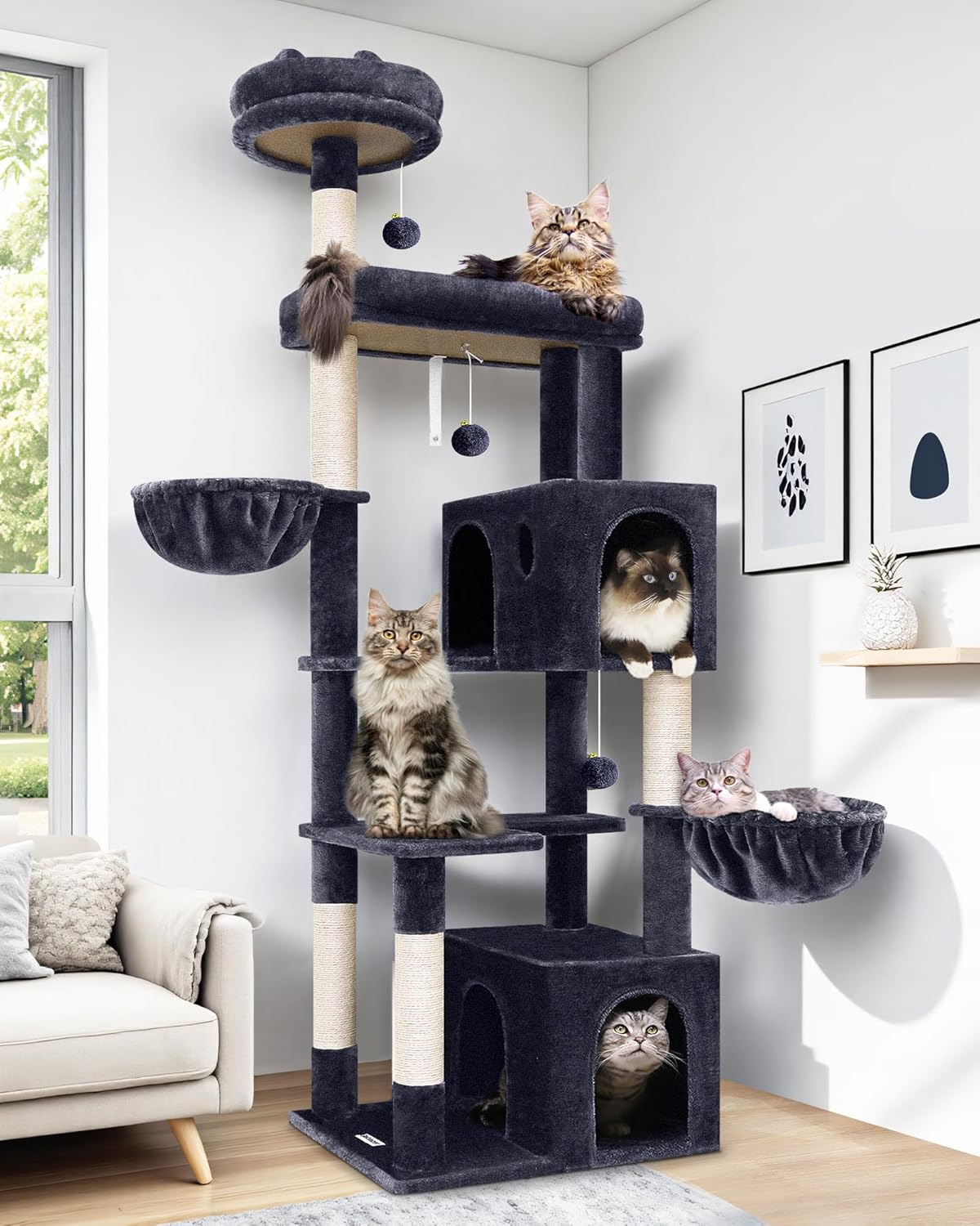 Globlazer Heavy Duty Cat Tree Tower, 73in Tall Cat Tree for Indoor Cats Large Adult, Cat Condo for Large Cats with 5 Scratching Posts, 2 Cat Caves, 2 Padded Perches, 2 Hanging Baskets, , Dark Gray