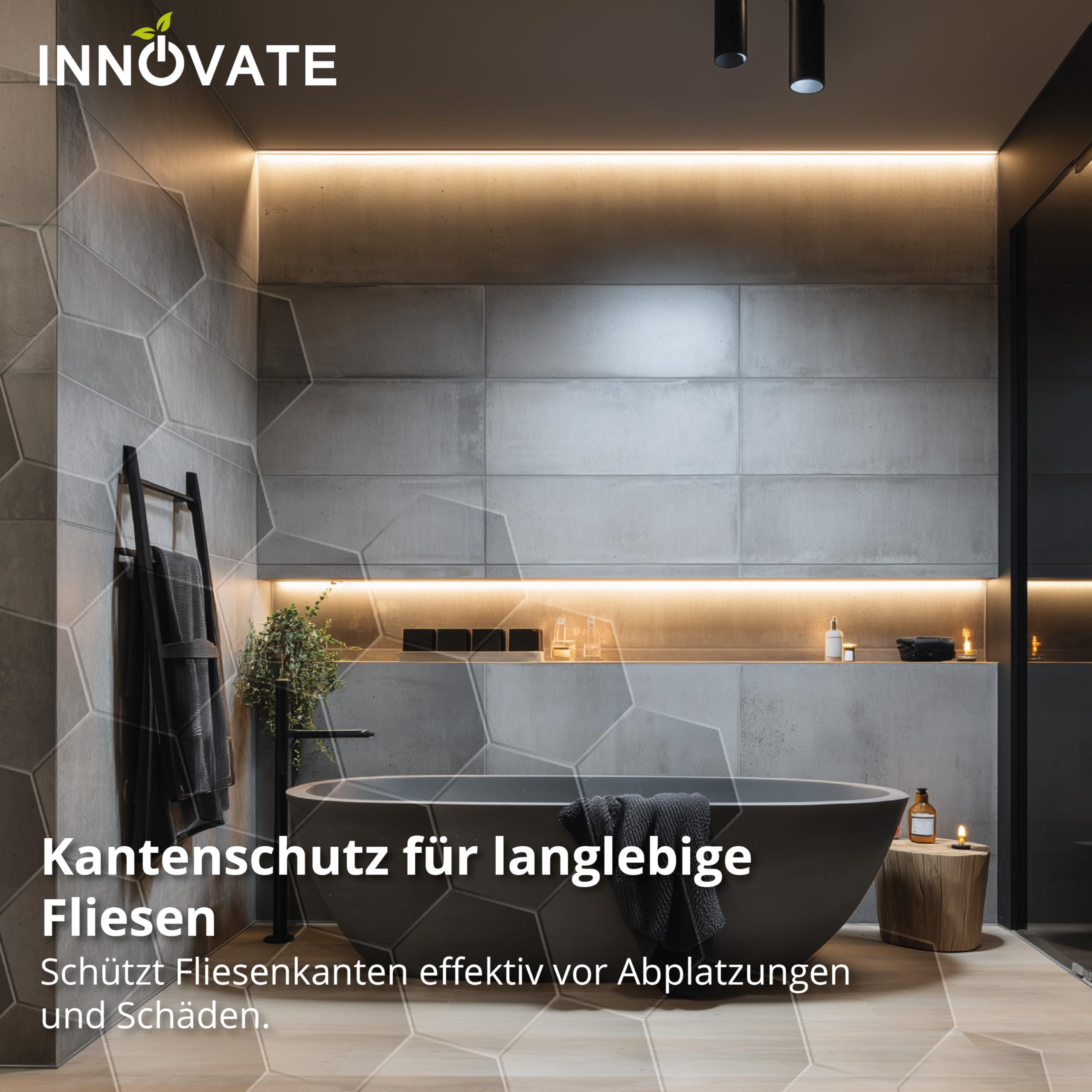 INNOVATE LED Fliesenprofil mit Diffusor [Inneneckprofil 2m Silber-Milchig] Fliesenschiene Dusche LED Streifen 2m I Kantenschutz Fliesen Küche I Indirekte Beleuchtung Badezimmer Duschnische