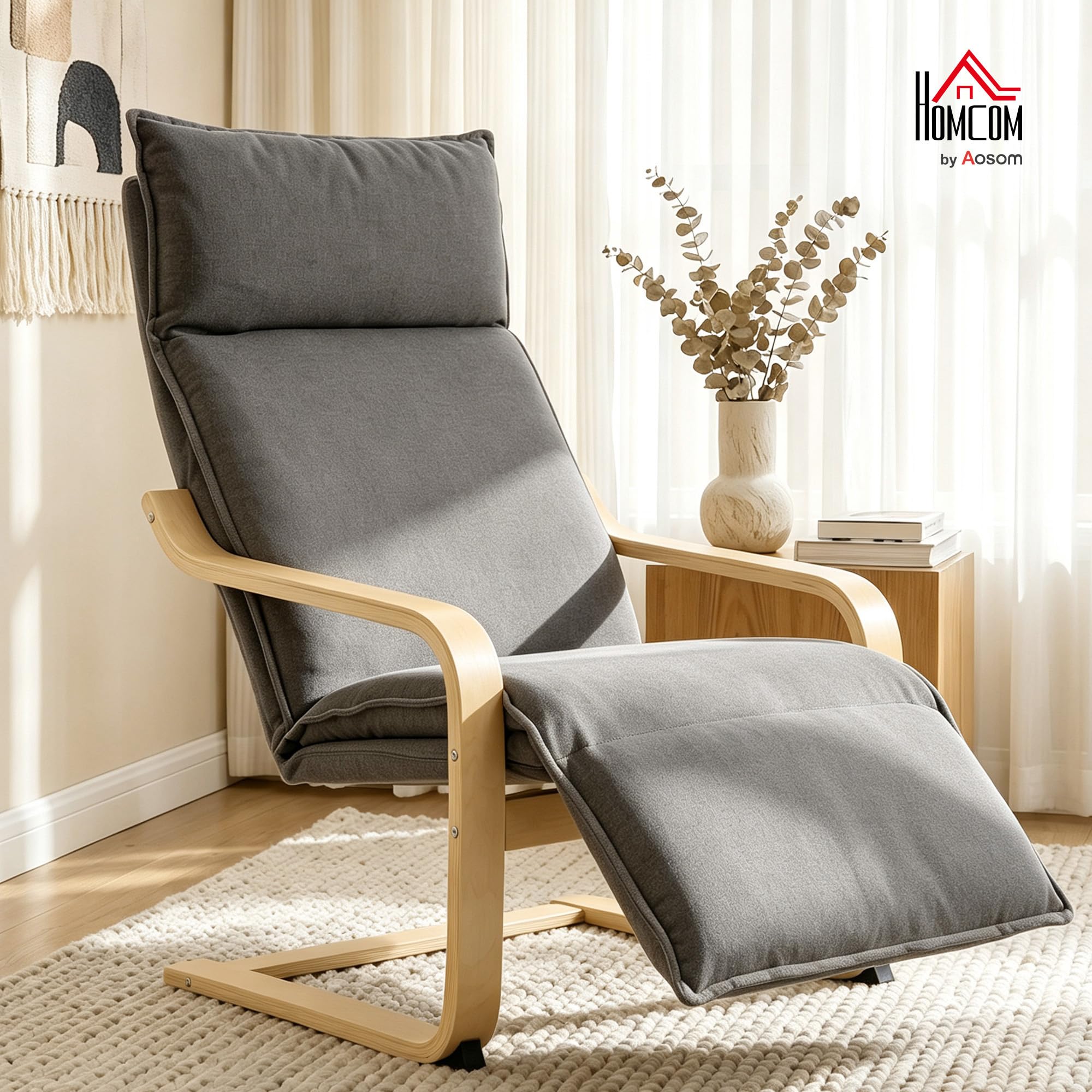 HOMCOM Poltrona Camera da Letto in Legno di Betulla con Poggiapiedi, Poltroncina Dondolo Ergonomica in Tessuto Effetto Lino, Seduta Imbottita, Braccioli Curvi, per Salotto e Soggiorno, Grigio Scuro