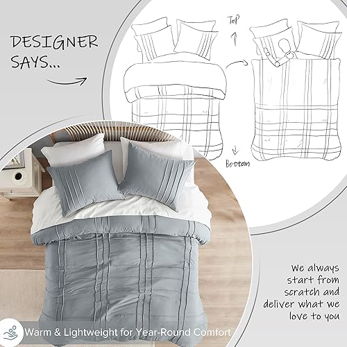 Miniatura 4 de Comfort Spaces Juego de edredón tamaño Queen en color azulgris, juego de ropa de cama plisada de 3 piezas tamaño Queen, para todas las estaciones,