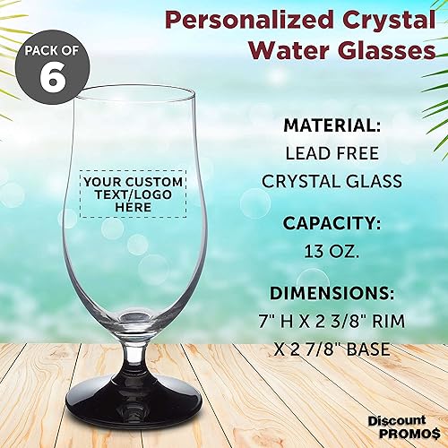 Miniatura 4 de DISCOUNT PROMOS Toscana, vasos de agua grandes personalizados de 13 onzas, juego de 6, texto personalizable, logotipo, cristalería con patas de té