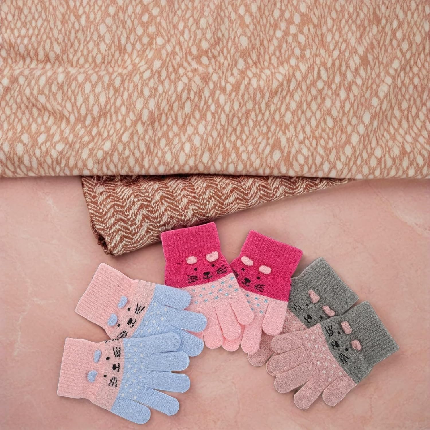 Winter Gloves Acrylic Knit Mittens 3 Pairs Full Finger Cute Cat Design Soft Comfortable Warm Gloves for Outdoor Activities Ages 3-7