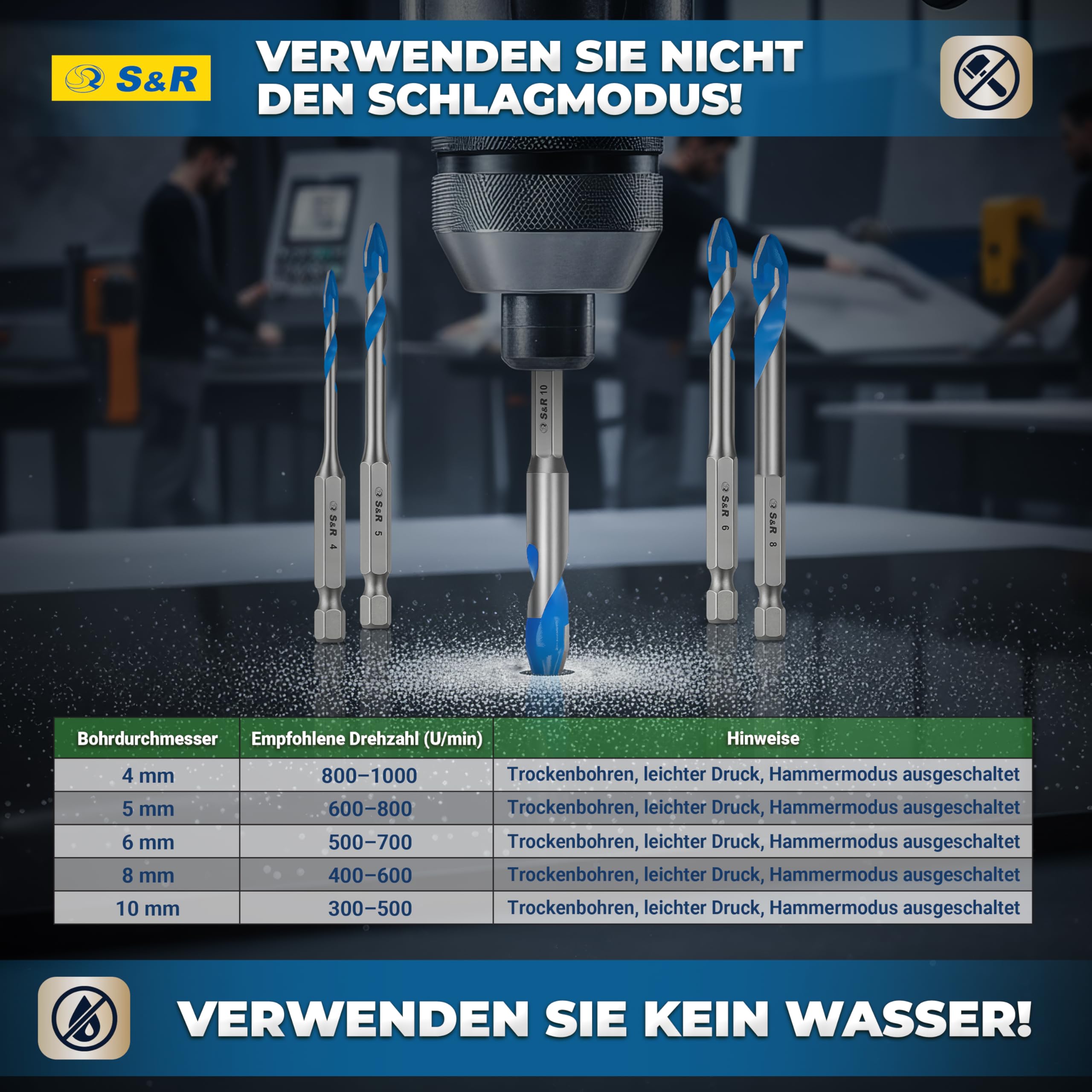 S&R Professional Keramikbohrer Set 5-tlg, Fliesenbohrer 4mm 5mm 6mm 8mm 10mm, für Feinsteinzeug, Keramik, Hartkeramik, Granit, Glas, Marmor, mit Sechskantschaft, Glasbohrer, Profi Fliesen Bohrer Set