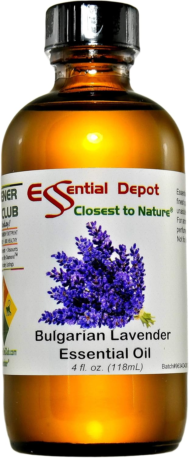 Essential Depot Bulgarian Lavender Essential Oil - GC/MS Tested - Skin Safe - Supplied in 4 oz. Amber Glass Bottle with Black Phenolic Cone Lined and Safety Sealed Cap