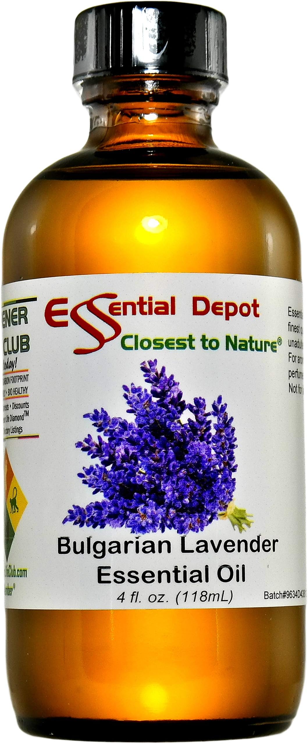 Bulgarian Lavender Essential Oil - GC/MS Tested - Skin Safe - Supplied in 4 oz. Amber Glass Bottle with Black Phenolic Cone Lined and Safety Sealed Cap