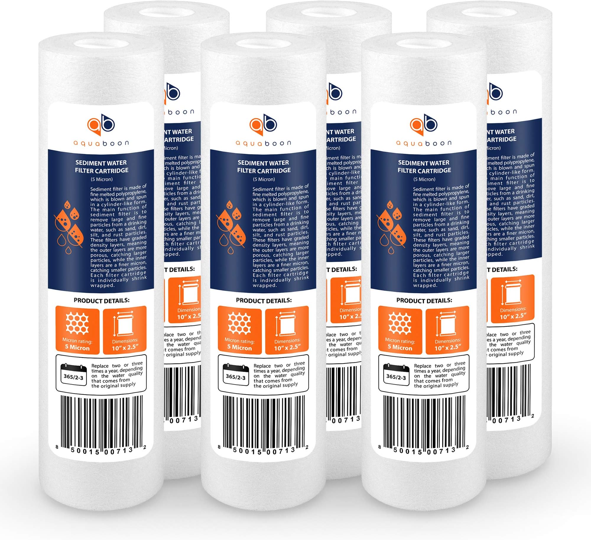 Aquaboon 5 Micron 10 x 2.5 Sediment Filter - Whole House Water Filter Replacement Compatible with Well Water Filters - P5, AP110, WHKF-GD05, 6 Pack