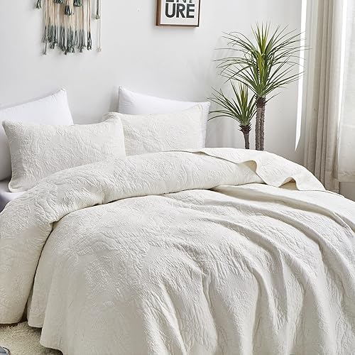 Miniatura 3 de Tache - Juego de 3 piezas de colcha acolchada ligera bordada de algodón damasco paisley vainilla crema marfil elegante matelassé, tamaño Queen