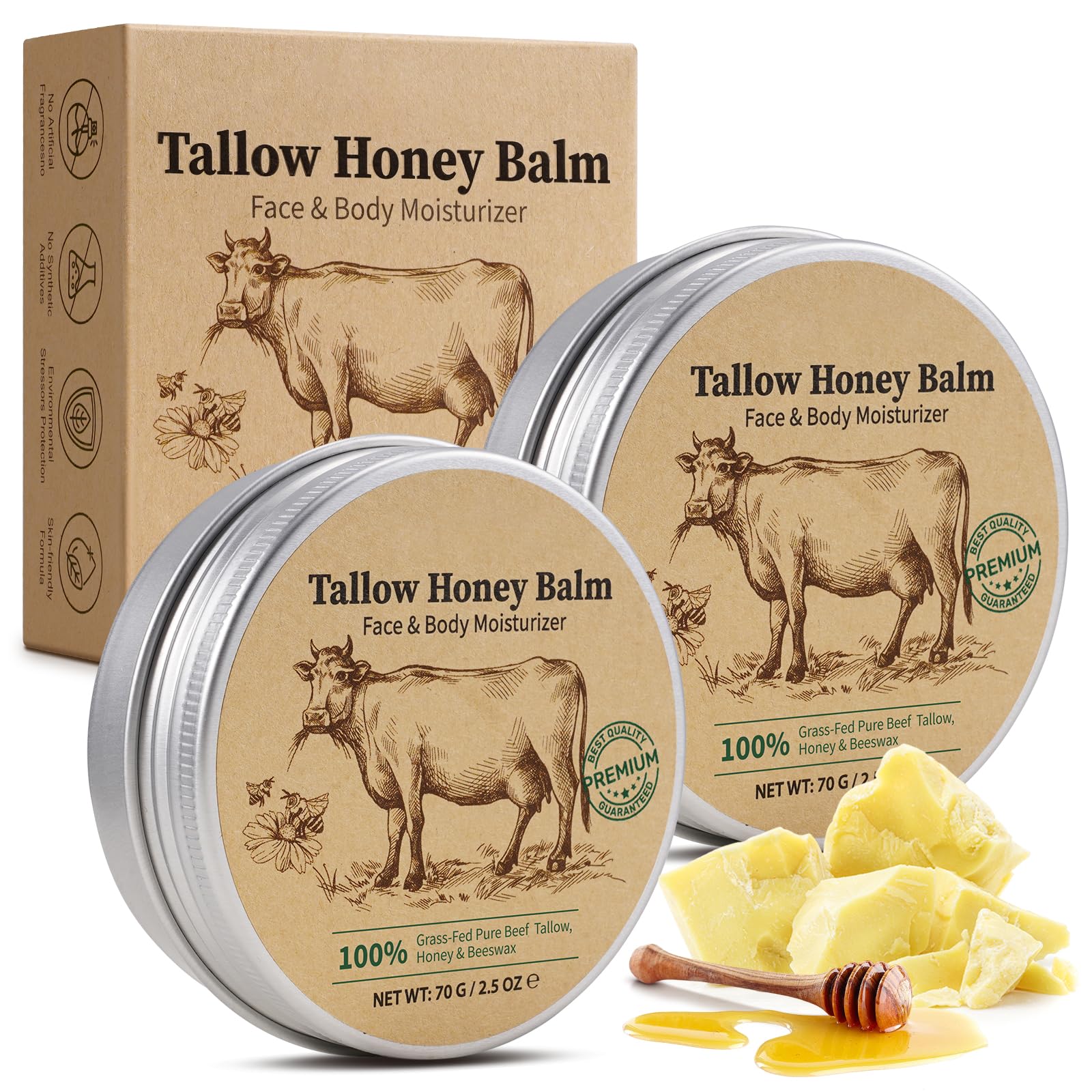 Beef Tallow Skin Care, 140g Tallow Face Cream Moisturiser, 100% Natural Tallow and Honey Cream for Face, Body, Hands, Deeply Nourishing Organic Grass-Fed Tallow Balm, Anti-Aging Skincare[Amazon-developed Certification] Compact by Design