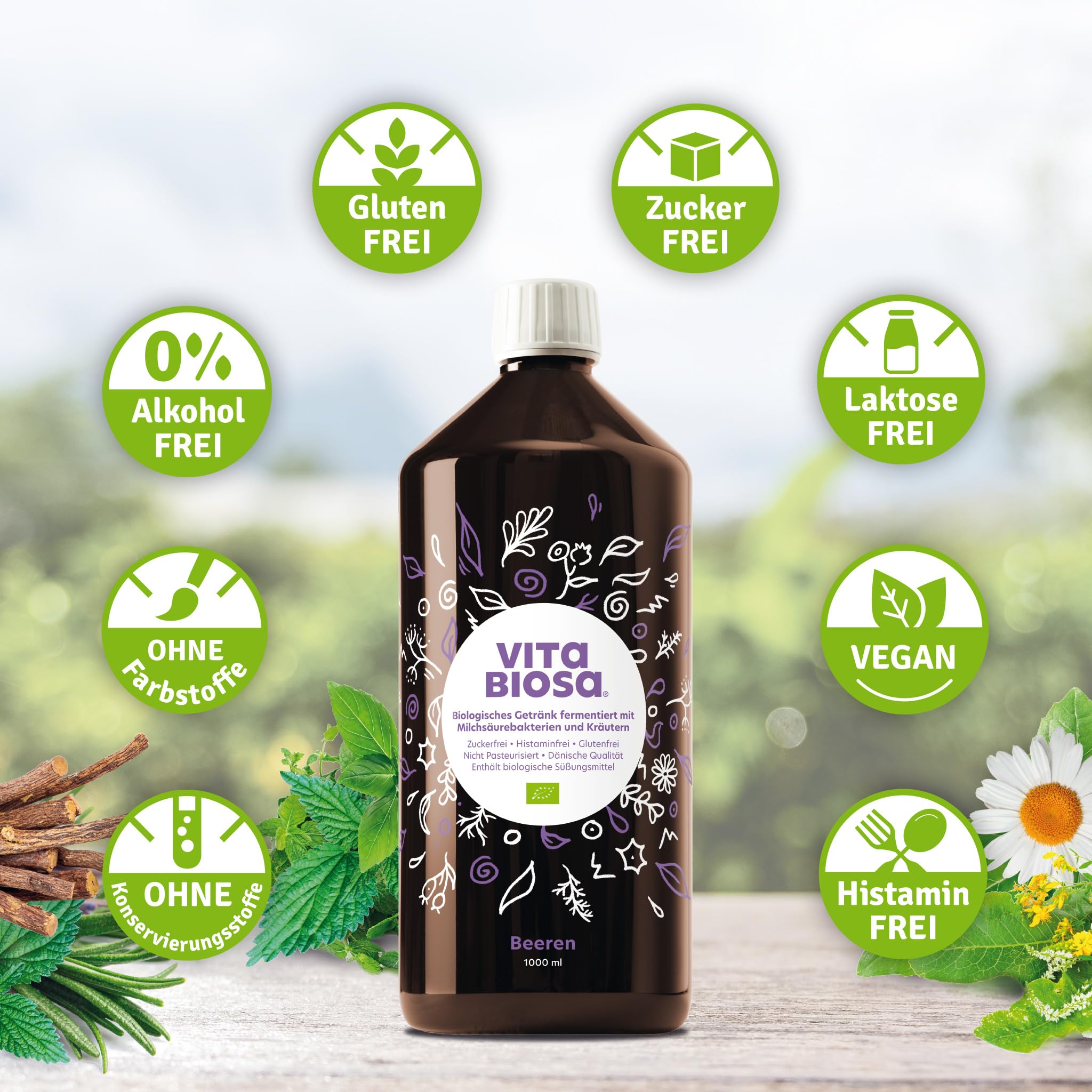 Vita Biosa Bayas 1 L en calidad orgánica, variante agridulce con concentrado de aronia, zumo de grosella y zumo de arándano, en la popular botella de 1000 ml