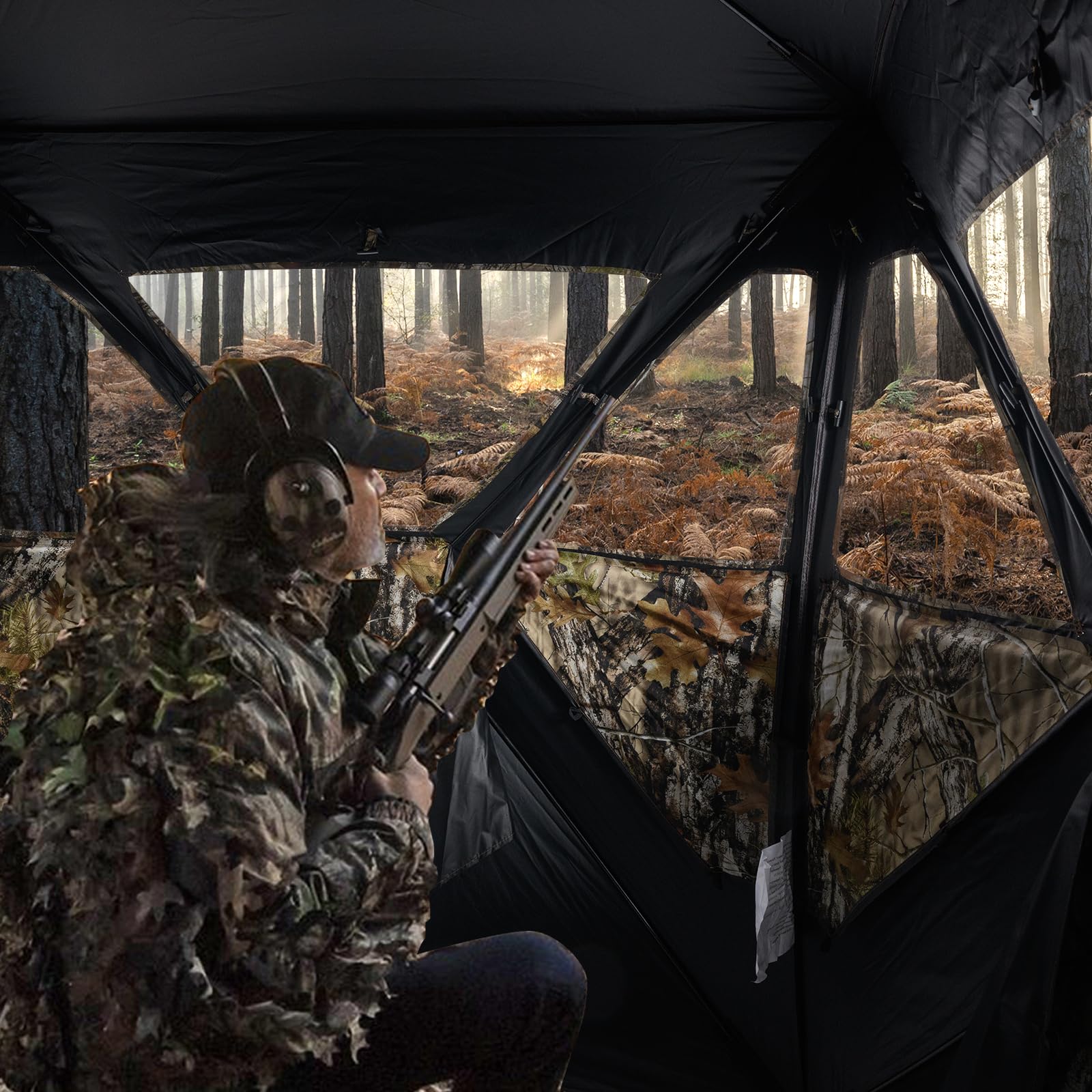 GOPLUS Persiana de Caza Camuflaje para 2 Personas, Puesto de Caza Portátil con Ventanas Silenciosas, Paneles de Seguridad, Bolsa de Transporte, Tienda de Campaña Estor Emergente, Ciervos Pavos