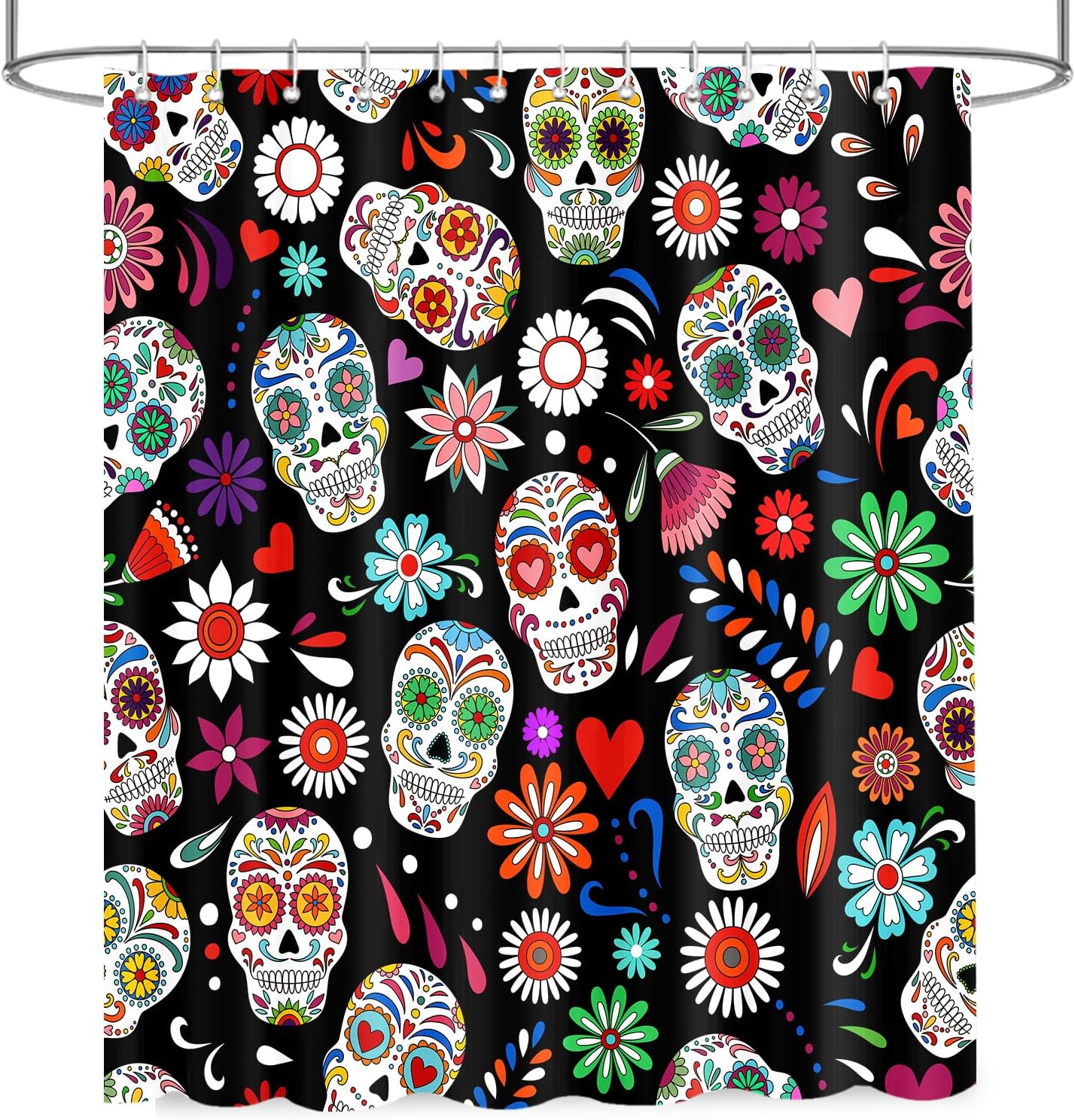  Sugar Skull Shower Curtain, Mexican Day of The Dead Shower Curtain, Halloween Black Skeleton Floral Graveyard Colorful Flowers Skeleton Hispanic Bathroom Decor with Hooks 72x72 in thumbnail