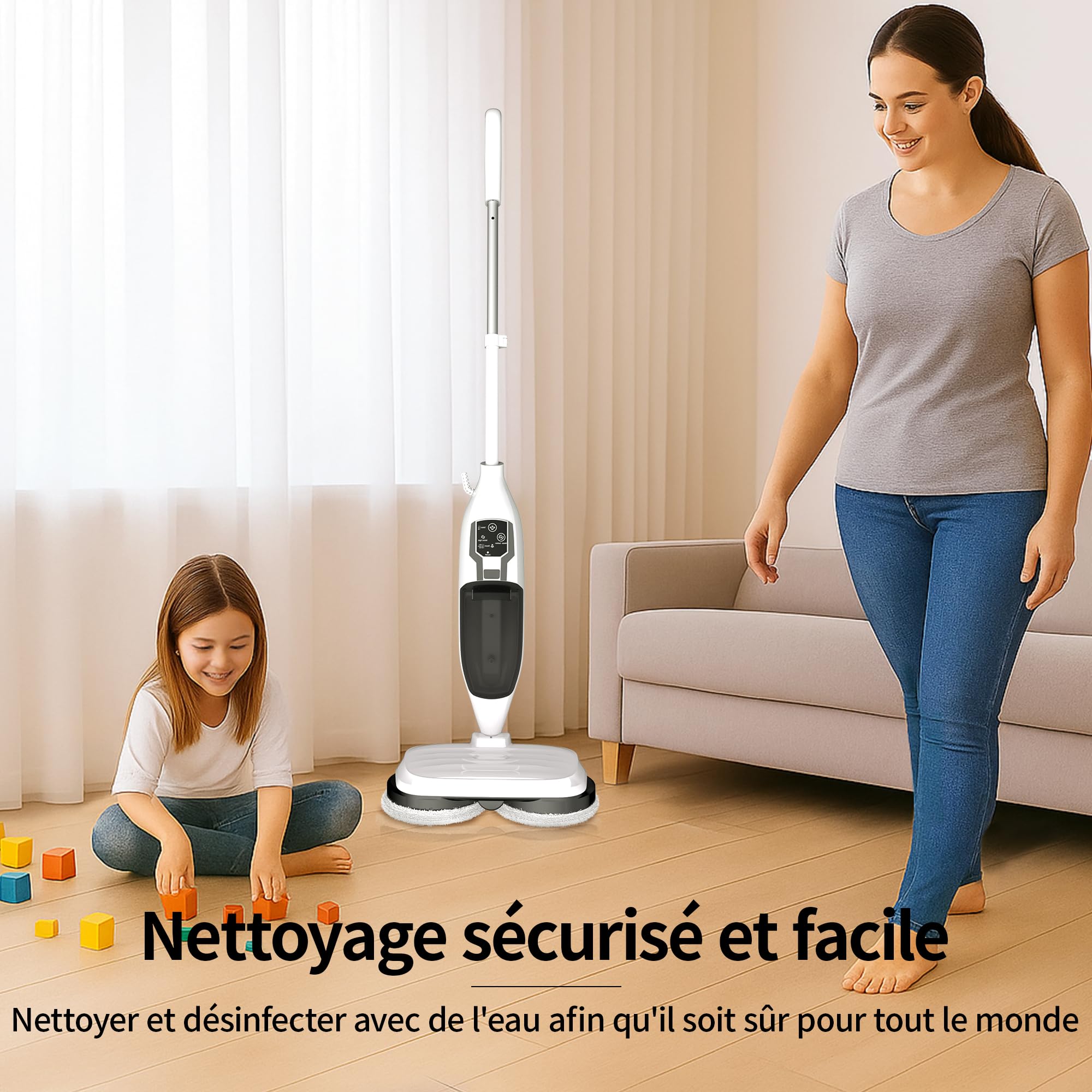 Balai à Vapeur pour sols durs, Nettoyage en Profondeur, 4 Tampons Lavables pour Bois, Bois, Stratifié, Vinyle, Carrelage, Marbre, Nettoyeur Vapeur Portable Multifonction