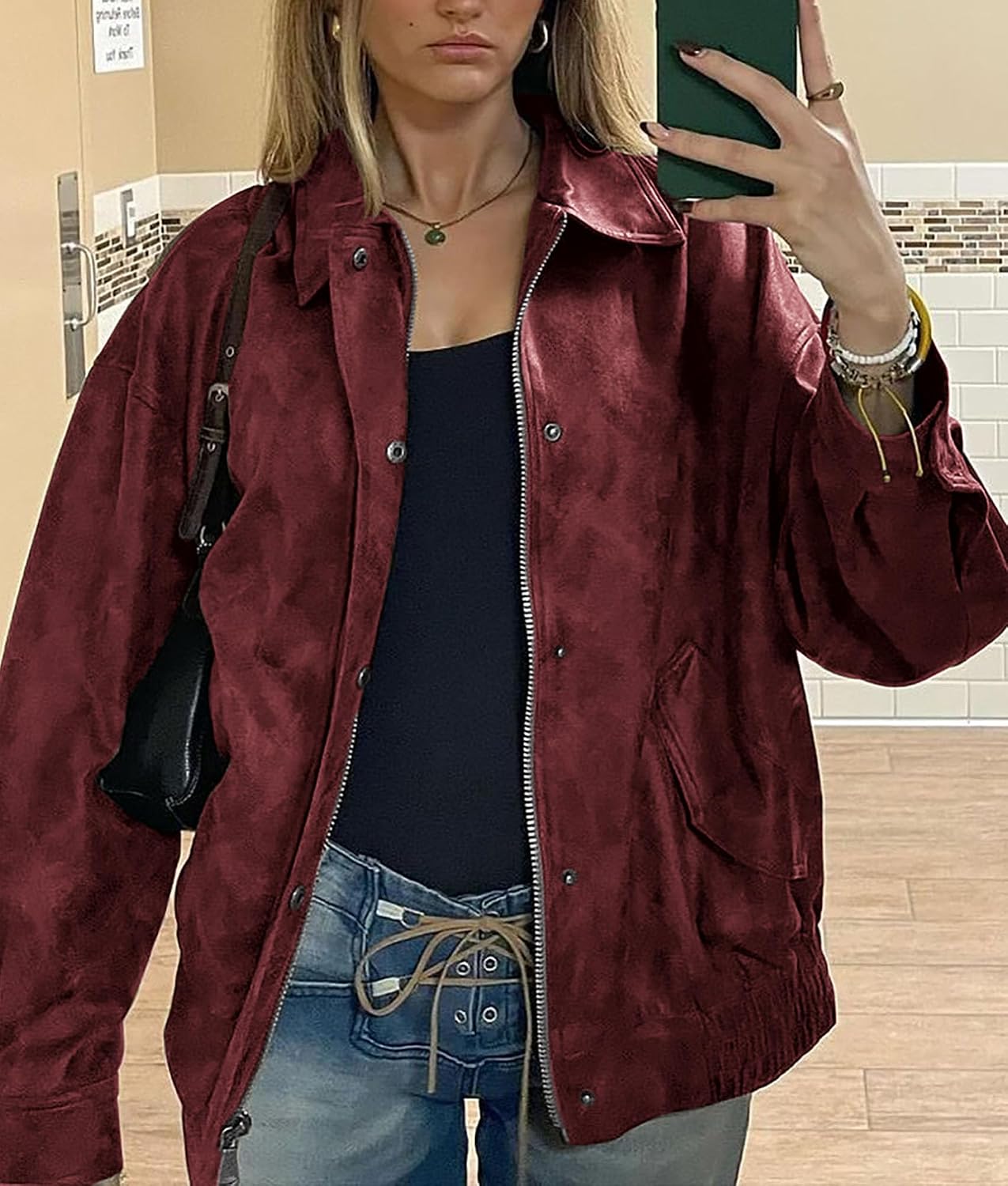 Women's Faux Leather Motorcycle Jackets | Trendy Fall Spring Clothes, Long Sleeve Collared, Zip Up Buttons, Loose Fit Oversized Jacket, Winter Coats, Going Out Outfits thumbnail
