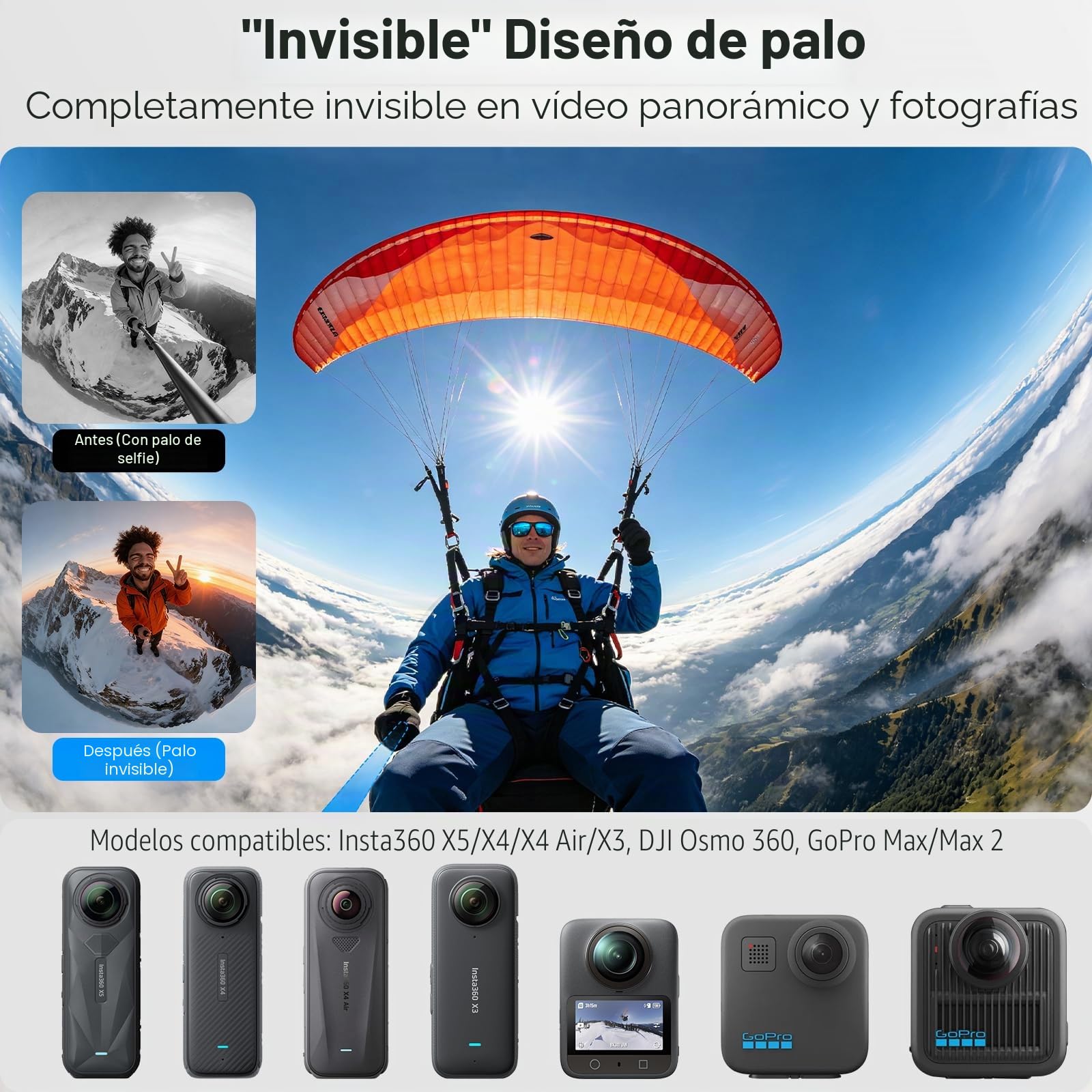 REYGEAK Trípode invisible para selfie Insta360 X5/X4/X3 Luna Ultra para DJI Osmo Action 6/5Pro/4/Pocket 4/3, para GoPro | Barra extensible 2 en 1 de 150 cm