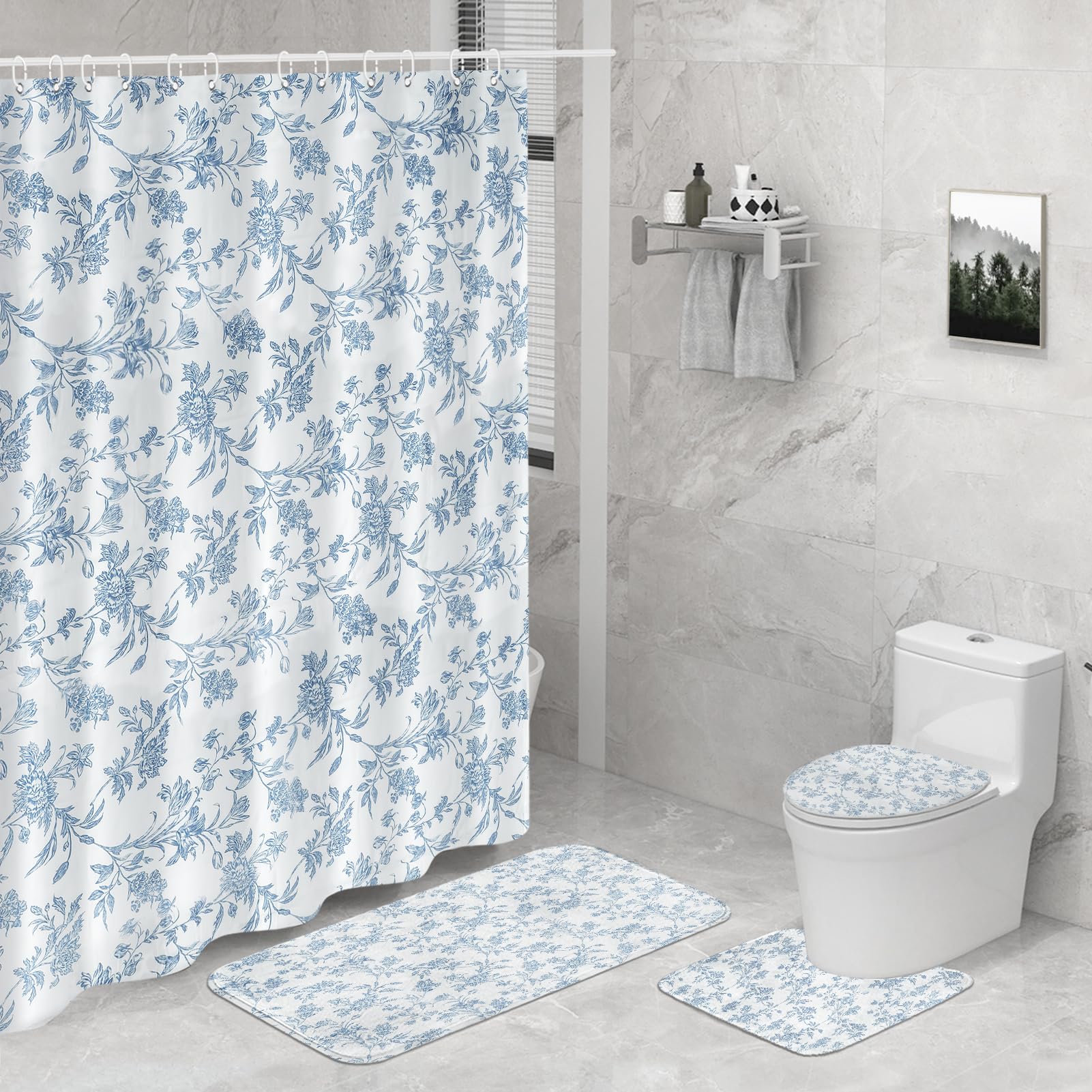 Seorsok Sage Blue Shower Curtain Sets 4 Piece,Cotton Floral Cottagecore Bathroom Shower Curtain Decor Sets,Include Waterproof Shower Curtain Non-Slip