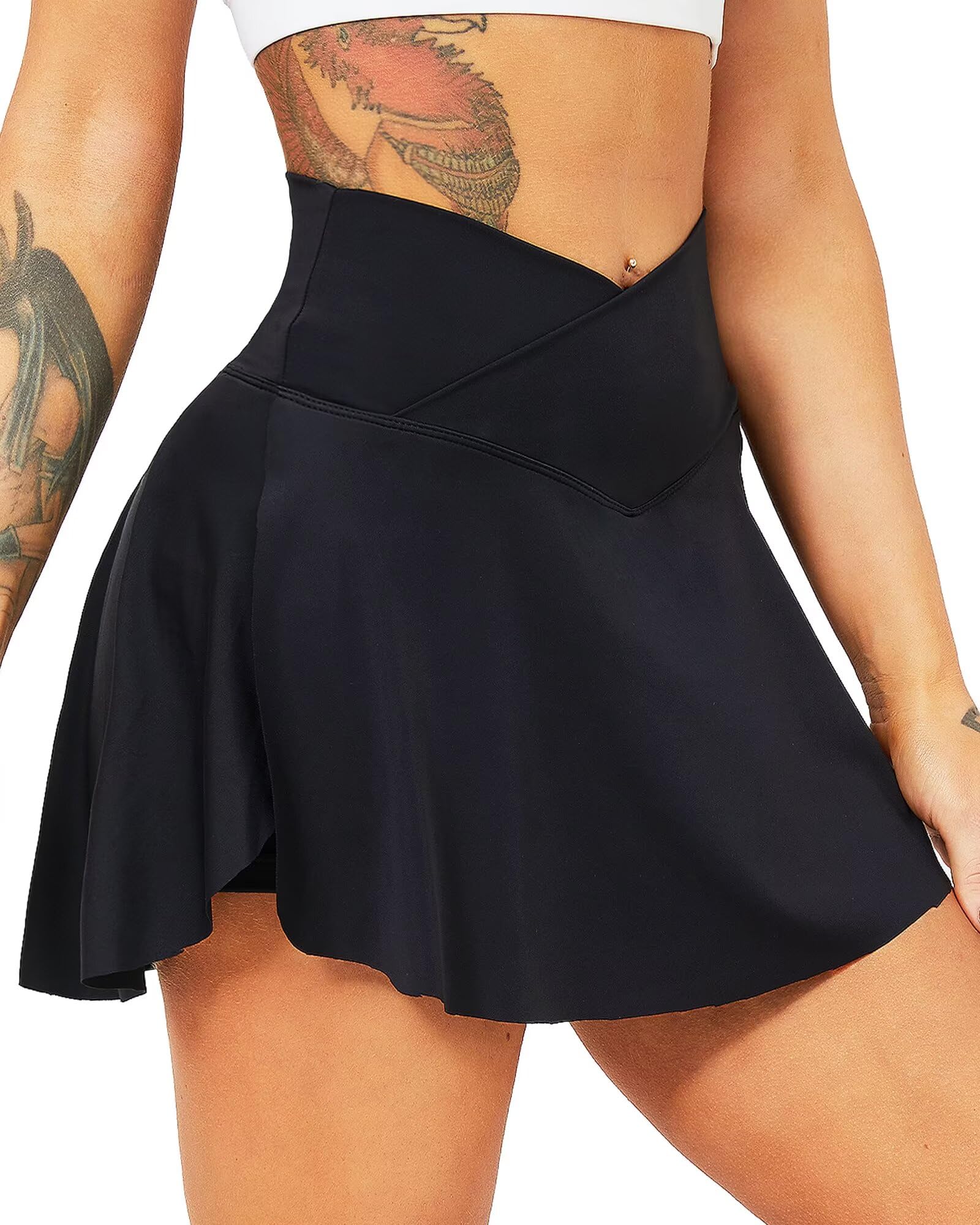 Women's Tennis Skirt with Shorts Pockets High Waisted Crossover Pleated Workout Athletic Golf Skorts Skirts, A # V-waist - Black, Medium-image-15