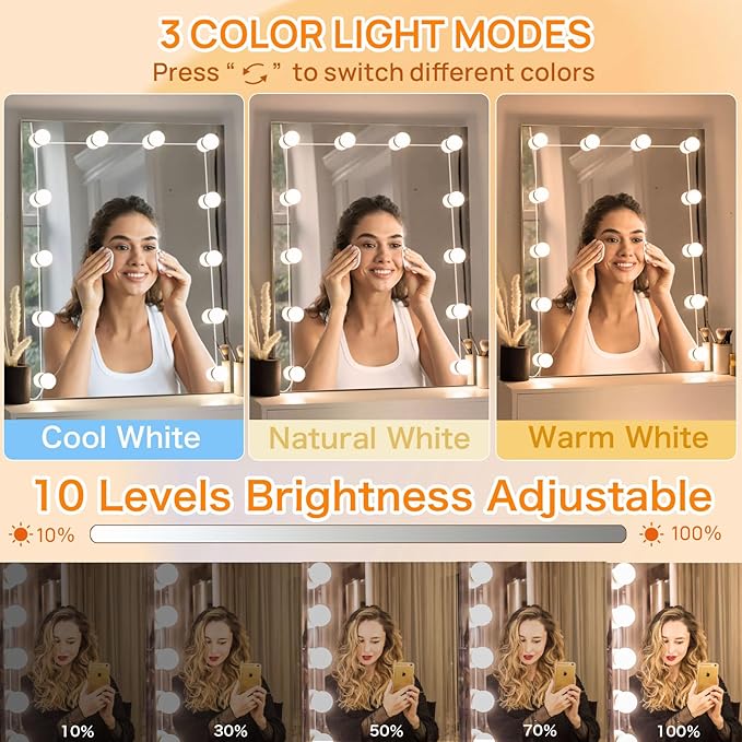 Akynite Akynite Hollywood spiegellampen, 12 lampen met adapter, verstelbare USB-kabel, 3 kleuren en 10 intensiteiten, make-up lichten voor make-upspiegel, led-verlichting voor spiegelframes photo 3