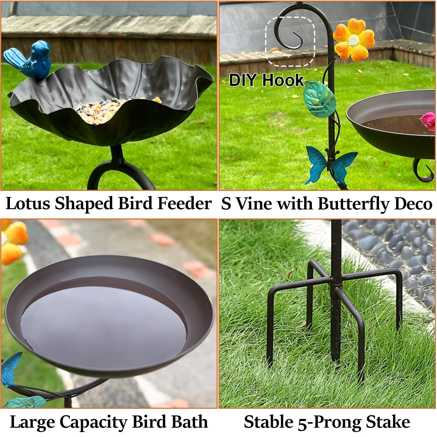 Freistehende Solar-Vogeltränke, 147,3 cm hoch, dekorative Vogeltränke und Futterstation, Vogeltränke für den Außenbereich mit Solarbrunnen, 5 Spikes, floraler Akzent, Vogeltränke für Garten,