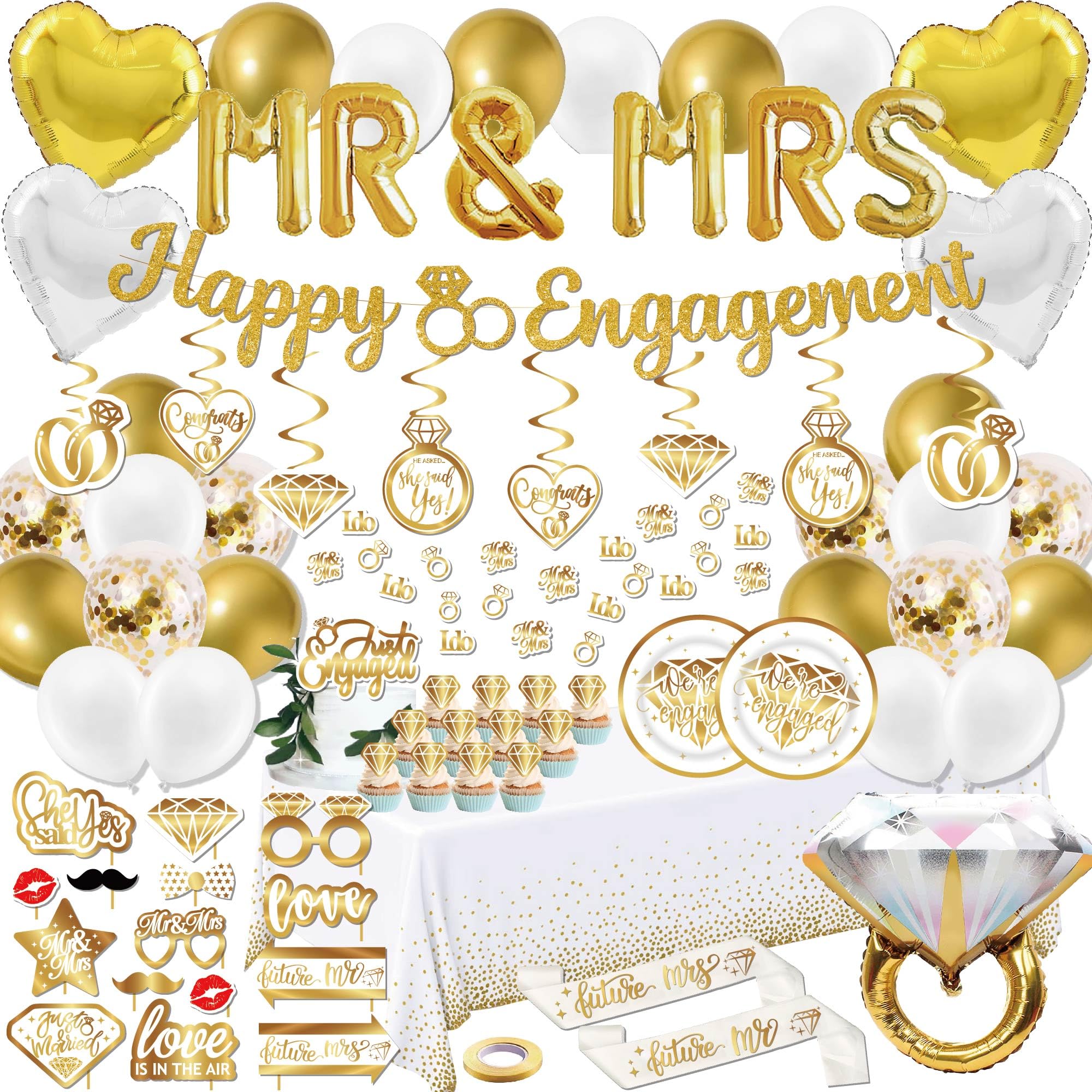 gold engagement party decorations - (Total 90pcs) Glitter happy Engaged Banner, MR and MRS Balloons, Hanging Swirl,balloons, Ring Balloons for Wedding Engagement Party Decor