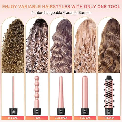 Miniatura 2 de Sixriver - Juego de rizadores 5 en 1, rizador de pelo con cepillo térmico y 4 rizadores de cerámica intercambiables (0.4 a 1.25 pulgadas), rizos de