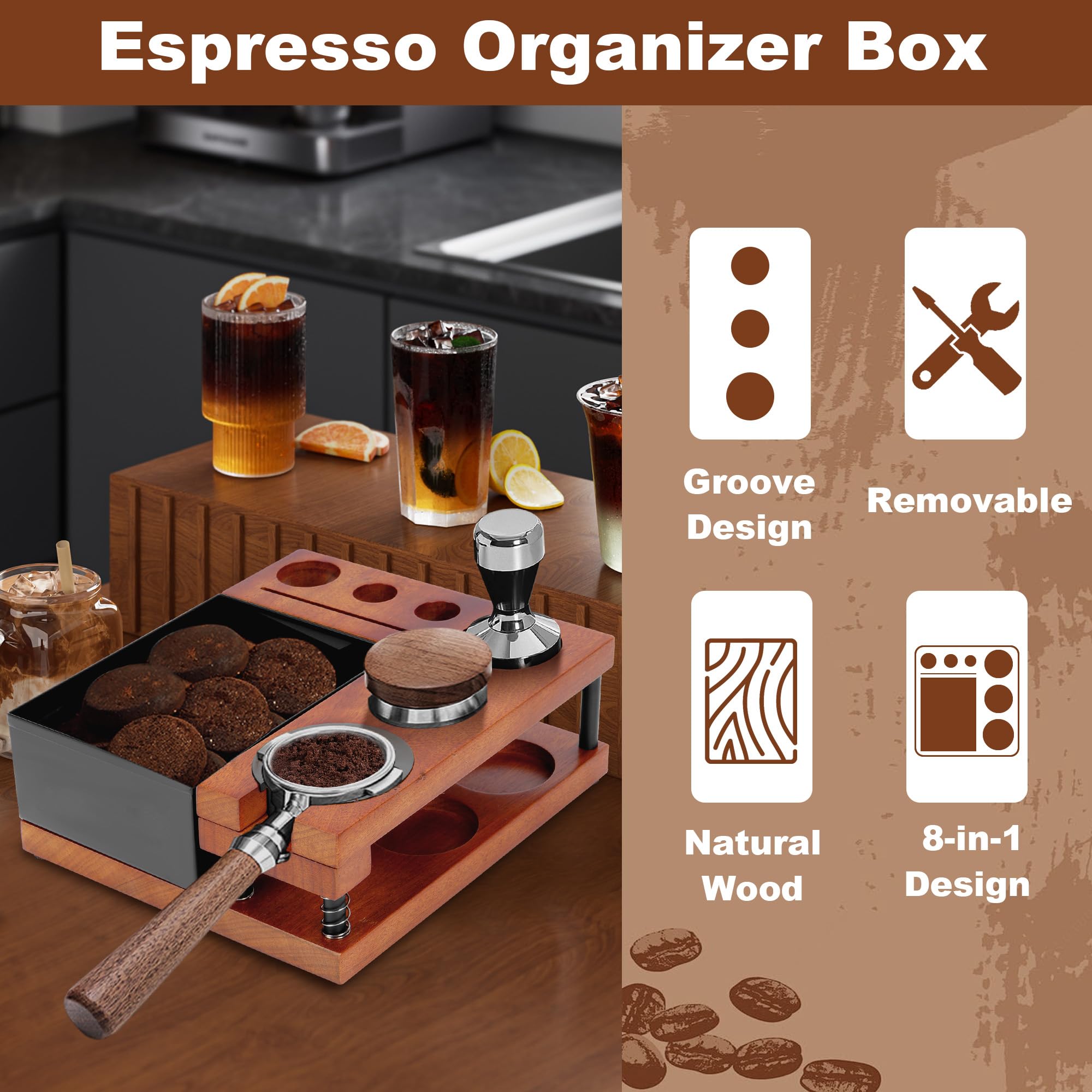 Espresso Knock Box - Estación de apisonamiento con 8 agujeros, 4 ranuras para tarjetas, caja organizadora de café expreso de madera maciza, apta para distribuidores de 51 a 58 mm, accesorios