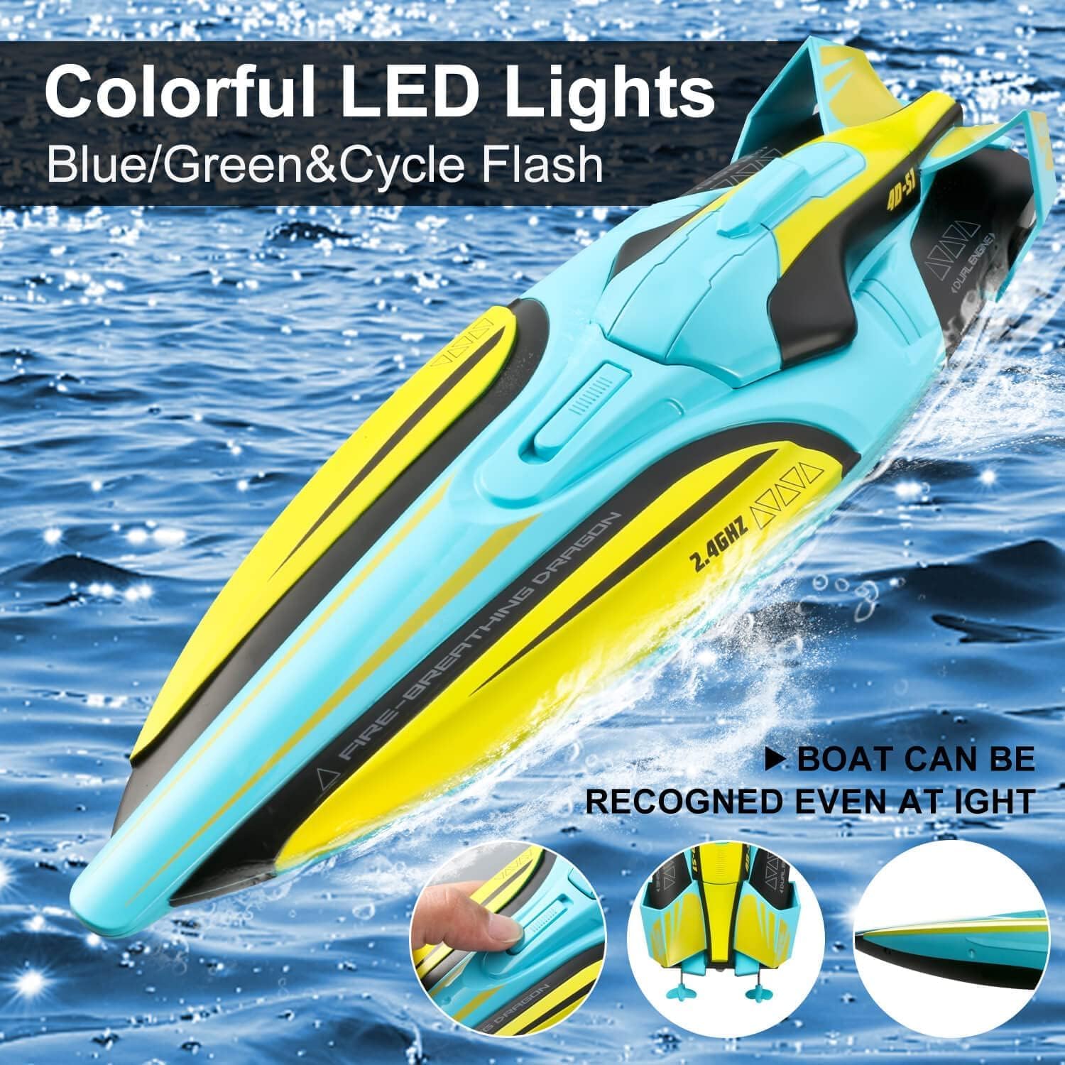Image of the 4DRC S1 RC boat in water, highlighting its colorful LED lights (Blue/Green & Cycle Flash) for night visibility.