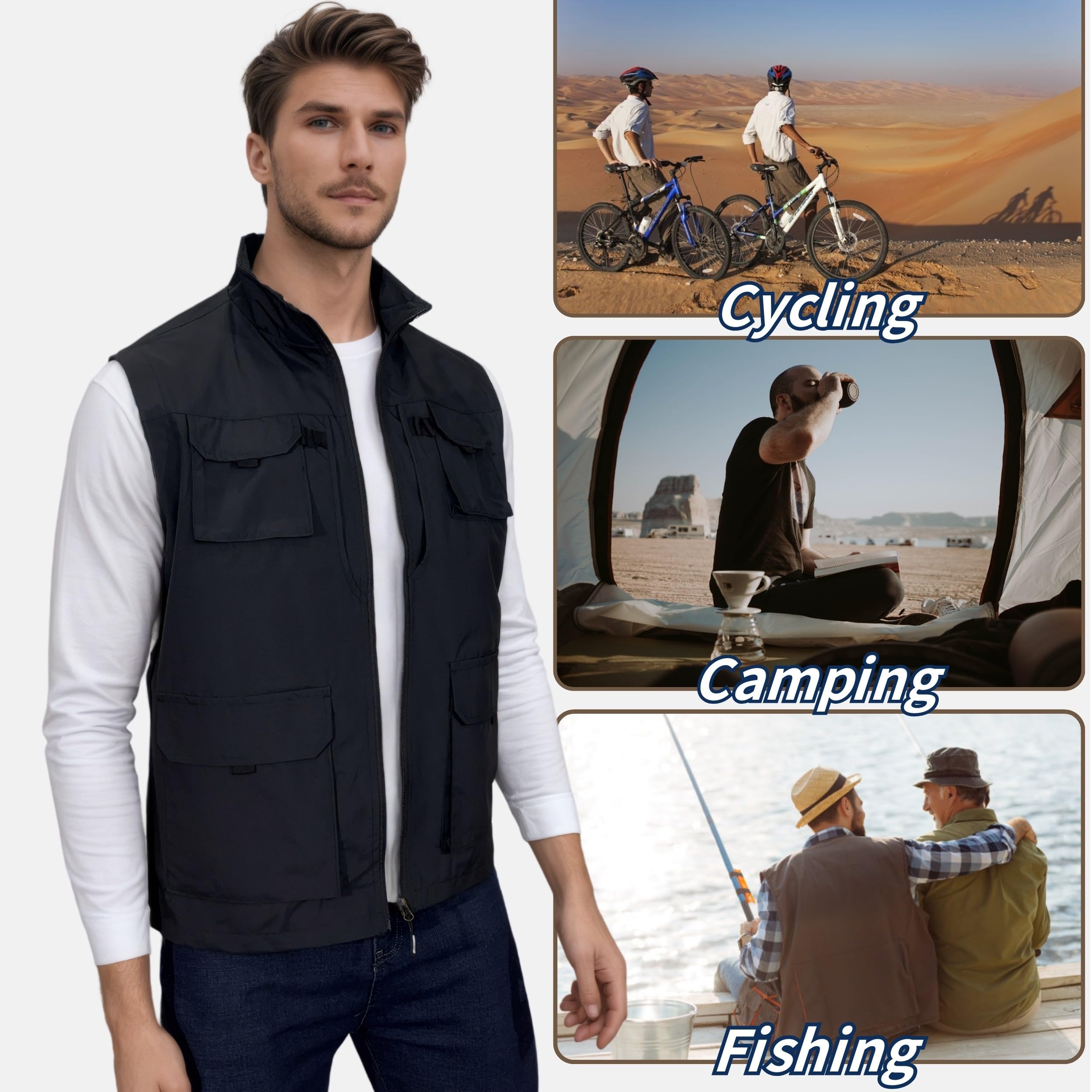 Uomo All'aperto Gilet da Pesca Leggero Panciotto Gilet da Sportivo Giubbotto Traspirante Asciugatura Rapida Gilet con Multi-Tasche Giubbotto Campeggio Caccia Gilet
