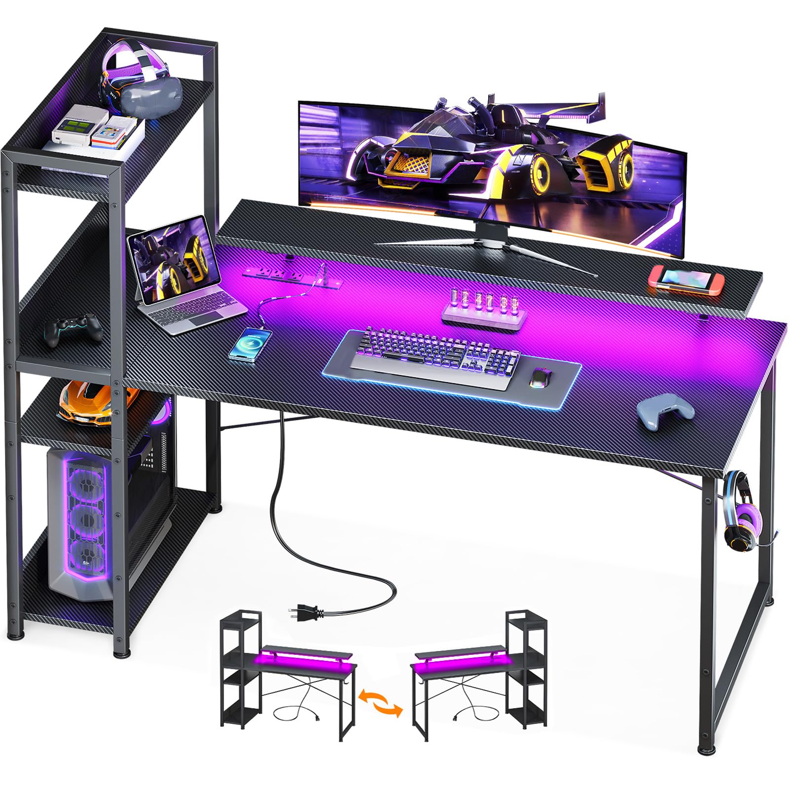 ODK Reversible 55 Inch Gaming Desk with USB Charging Port and LED Lights, Computer Desk with Storage Shelves and Monitor Stand, Study Table for Home