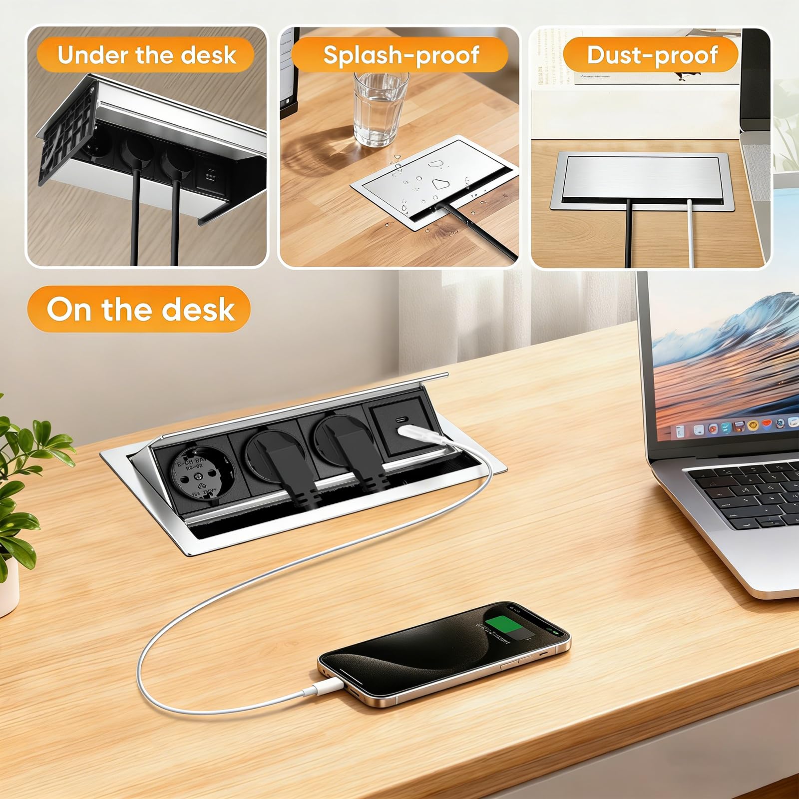 Tira de alimentación retráctil 5 en 1 con 3 compartimentos, 1 USB-C y 1 USB-A PD de 10 W, conector de aluminio integrado para mesa, zócalo retráctil, enchufe de mesa con cable de 1,8 m para cocina