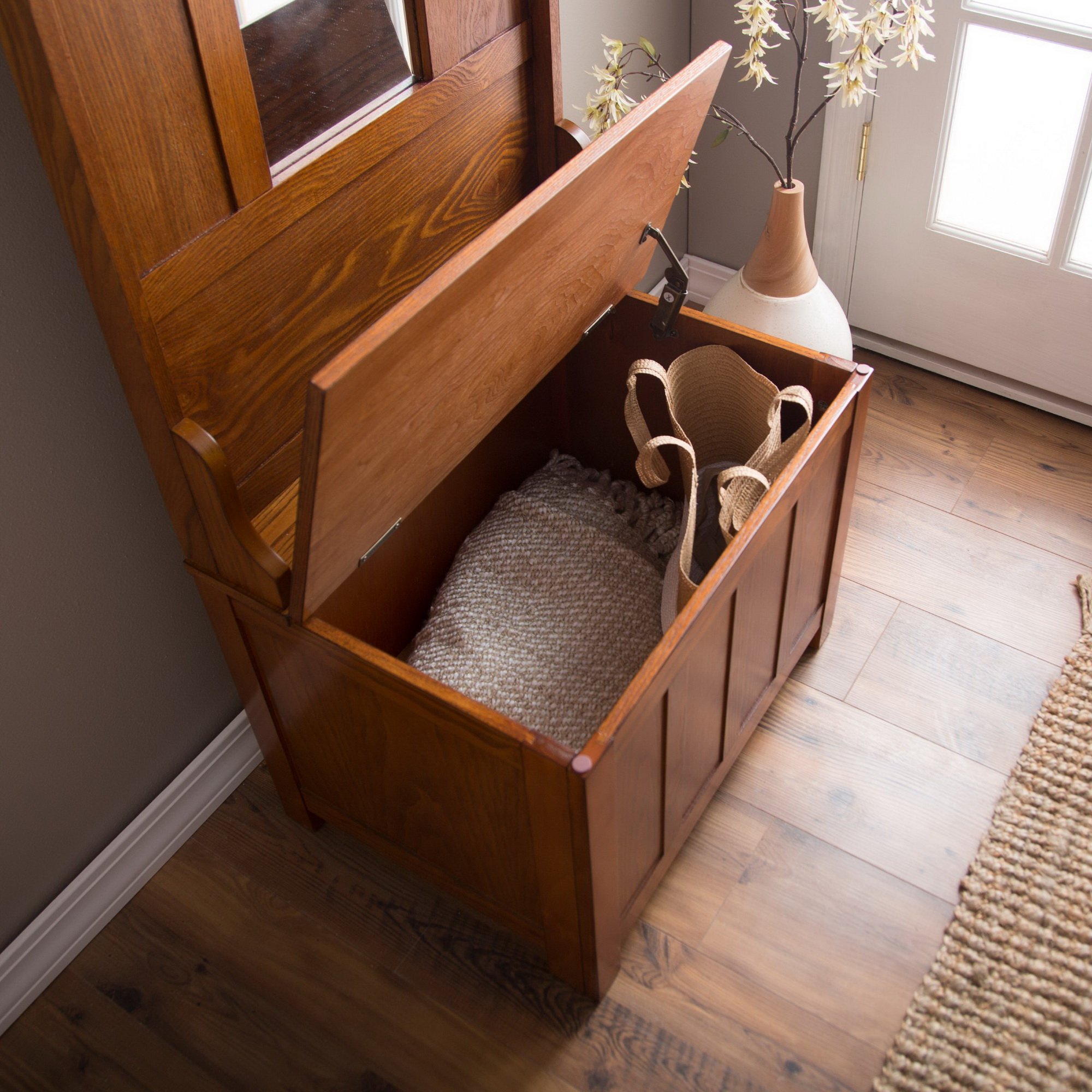 Wooden Entryway Tall Hall Tree Bench Coat and Hat Rack with Mirror in