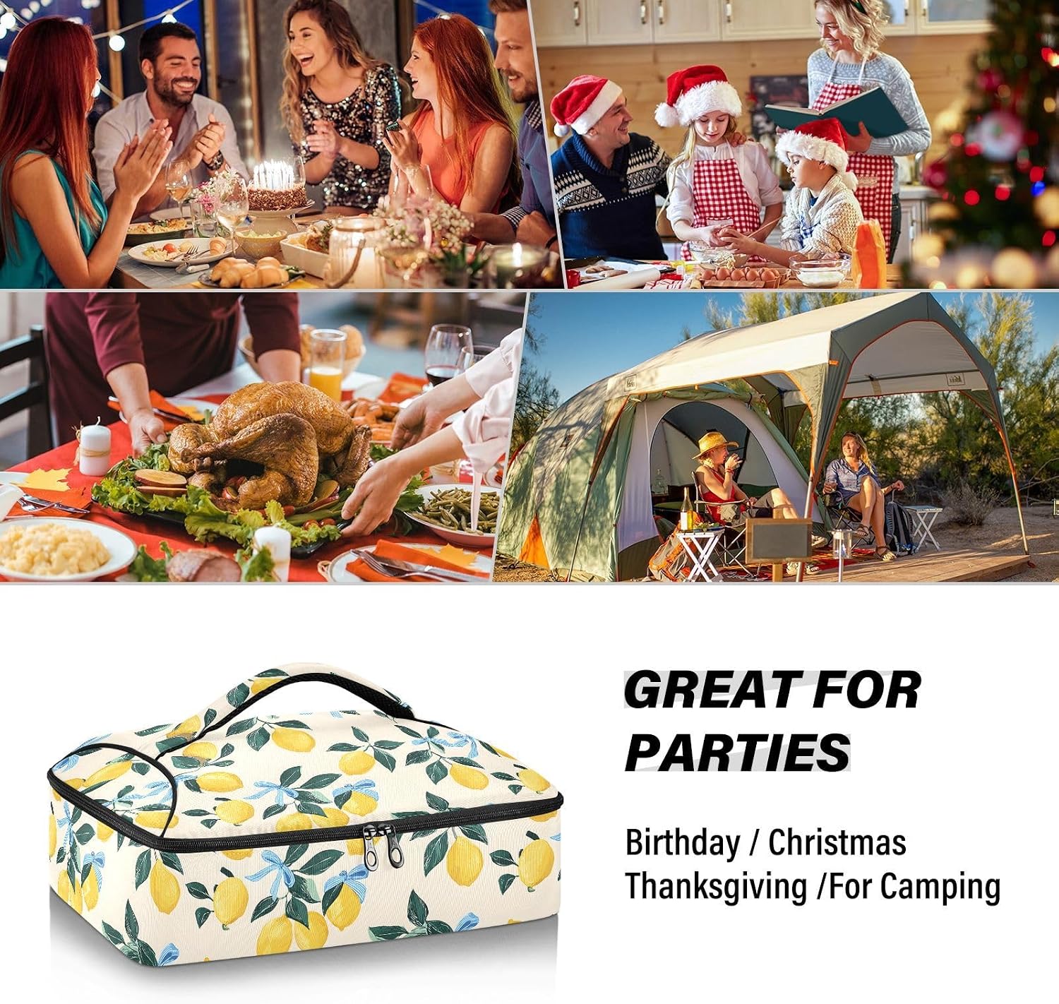 Casserole Carrier Insulated Yellow Lemon Blue Bows Dish 9x13 with Lid Party Travel Warmer Bag for Hot or Cold Food Lasagna Pizza Holder Tote