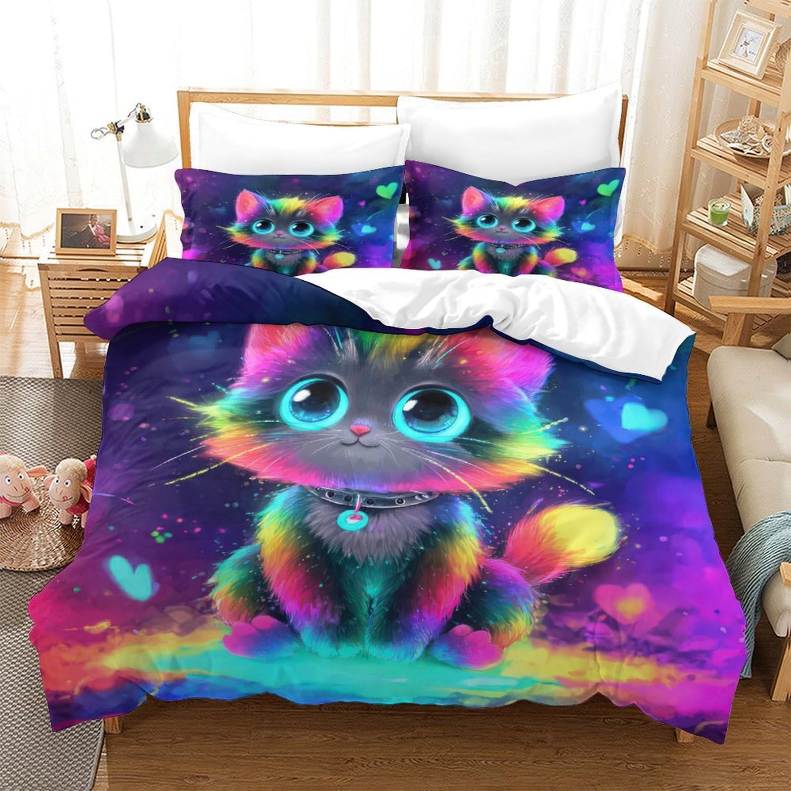 Rainbow Kitten Set Di Copripiumino 3 Pezzi stampa 3D microfibra ultra morbido con cerniera Fantasia Set Di Copripiumino con federa per cuscini soffice for coppie King（220x240cm）