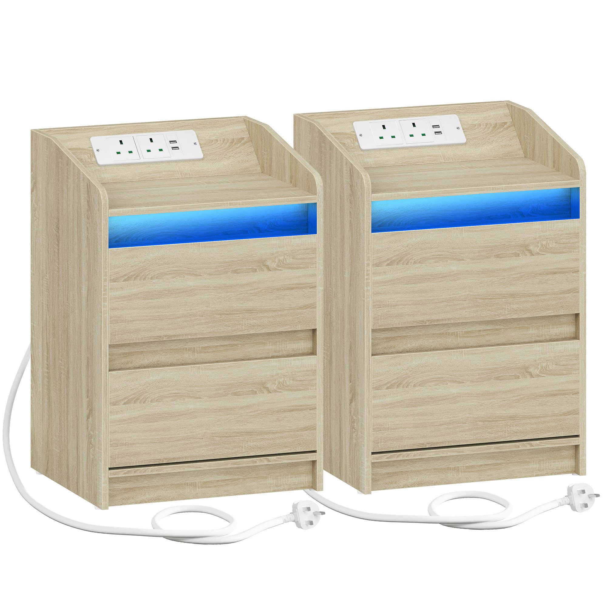 Hzuaneri Bedside Table Set of 2 with LED Lights, Bedside Cabinet with Charging Station and 2 Drawers, Nightstand with USB Ports & Power Outlet for Living Room and Bedroom, White Oak NS30116XUK