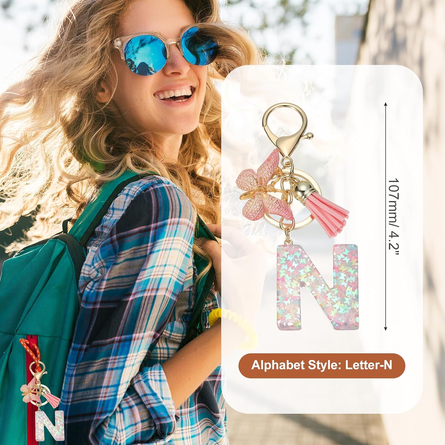 MECCANIXITY Initial Letter Keychain, Cute Tassel Butterfly Keychain Letter Charm for Women Girls Key Purse Handbag