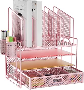 Marbrasse Desk Organizers, 4-Tier Mesh Desk File Organizer with 5 Vertical File Holders and 2 Pen Holders, Multifunction Desktop Organizer,Desk Organizers and Accessories for Home Office Pink