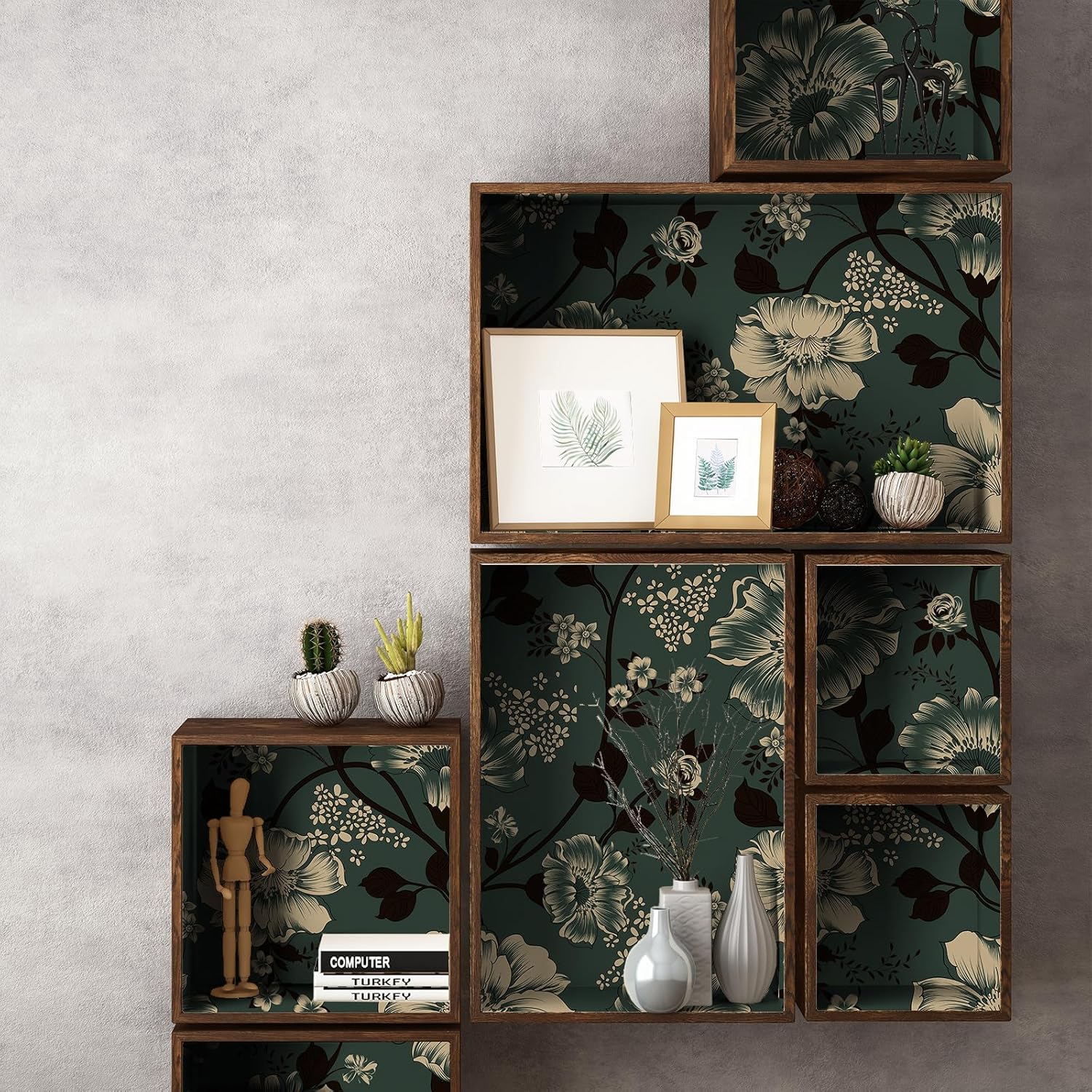 VaryStyle 17.7"x393" Dark Green Floral Peel and Stick Wallpaper Vintage Green Secret Garden Flower Stick on Wall Paper Mural Waterproof Vinyl Removable Contact Paper for Shelves Drawers Living Room