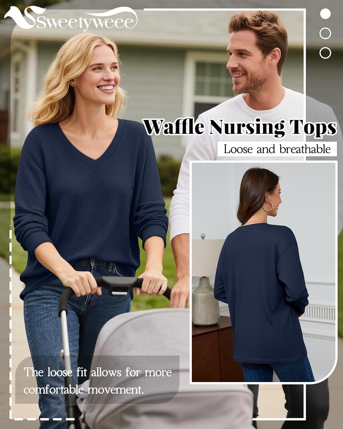 Women’s Waffle Knit Nursing Shirts, Long Sleeve Oversized Breastfeeding Tops Hidden Zipper V Neck Maternity Tops - Image 2