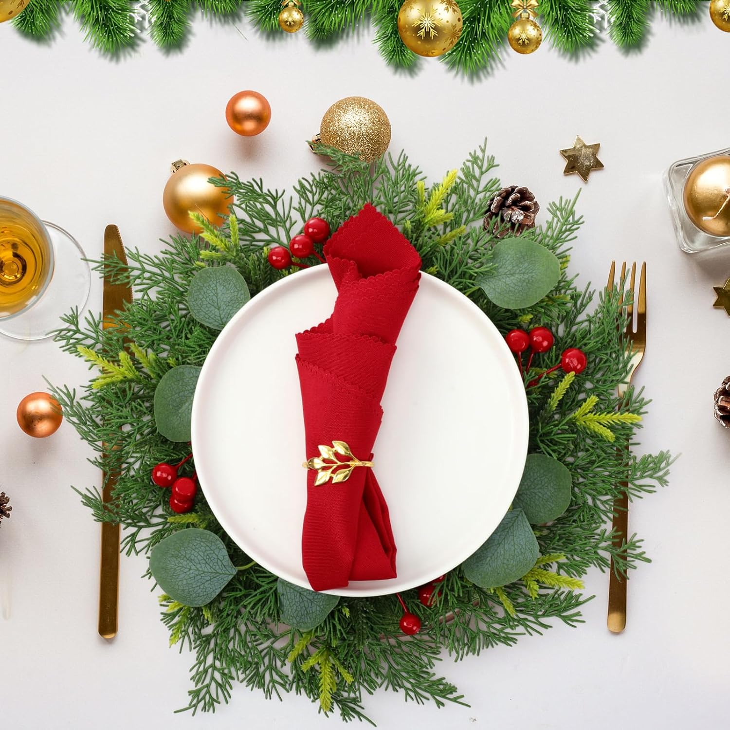 6 Pcs Artificial Christmas Placemats, 15 Inch Table Pine Cypress Placemats with Berries Small Christmas Wreath Garland Round Greenery Place Mats to Non-Slip Heat Protection(Trendy)