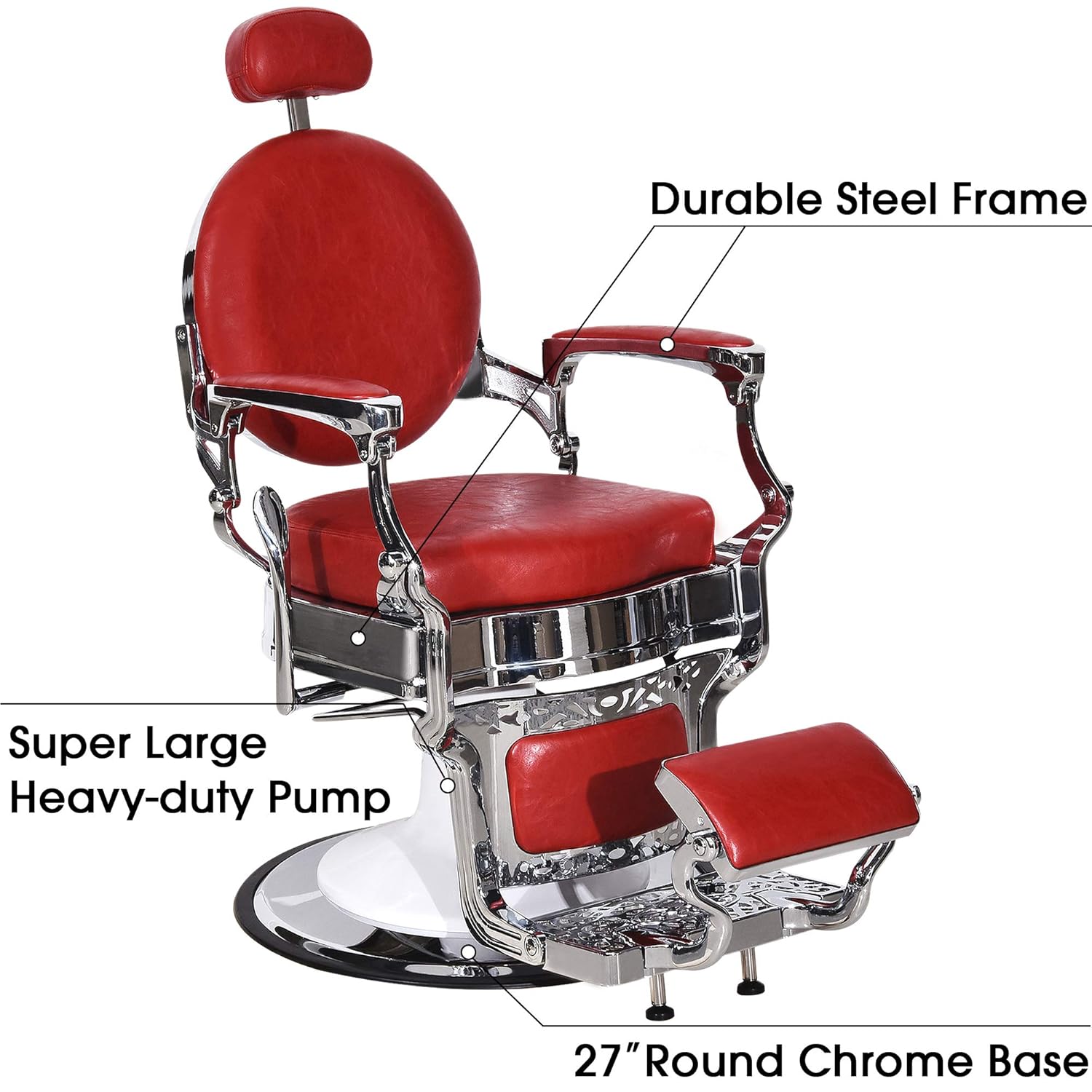 BarberPub Vintage Barber Chair All Purpose Heavy Duty Metal Hydraulic Recline Salon Beauty Spa Chair Equipment 3860 (Red)