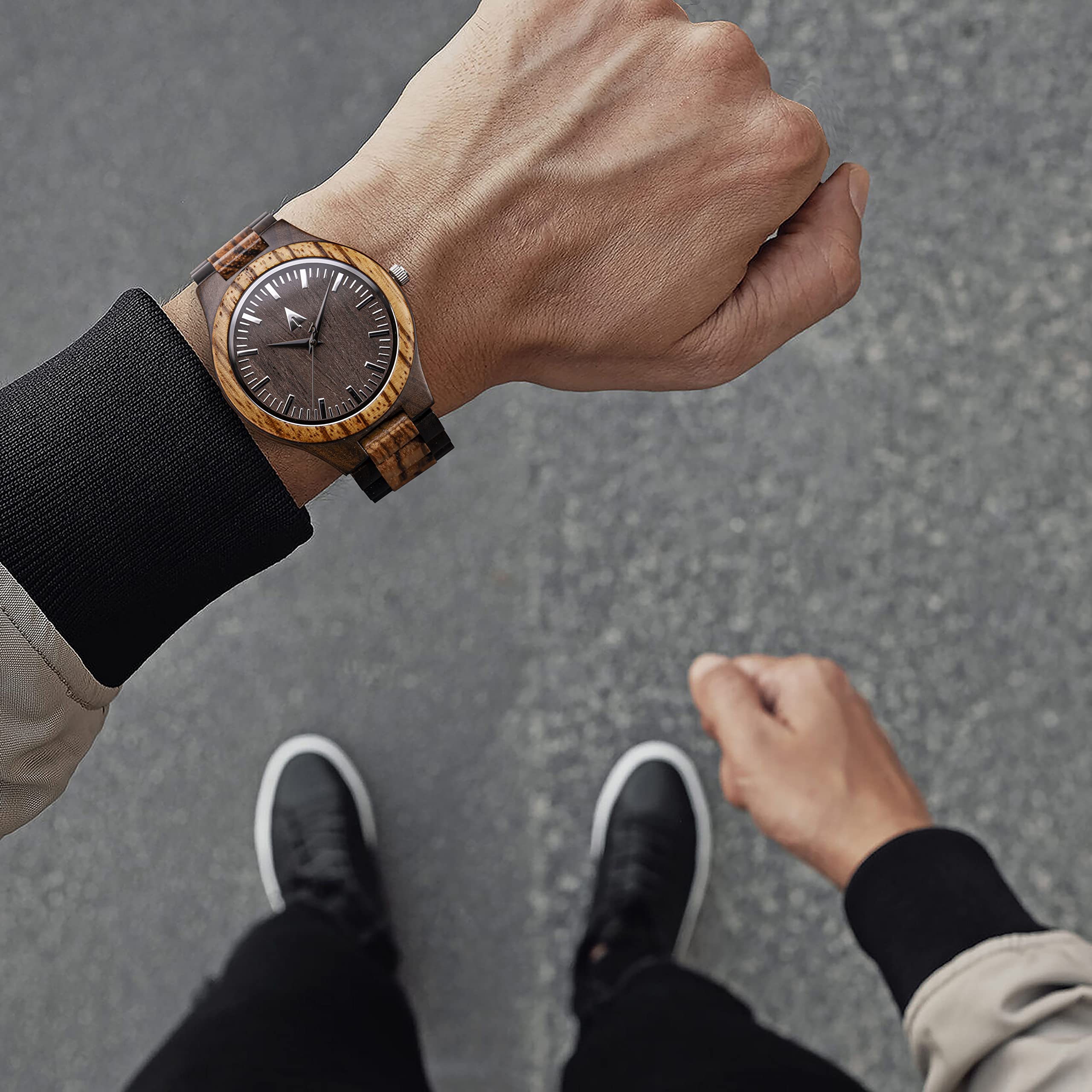 Treehut Wooden Watches for Men, Great Japanese Quartz Analog, Stylish Exotic Watch with Adjustable Stainless Steel Clasp, Buckle, Made from Ebony and Walnut Wood, Relojes Hombre Mujeres