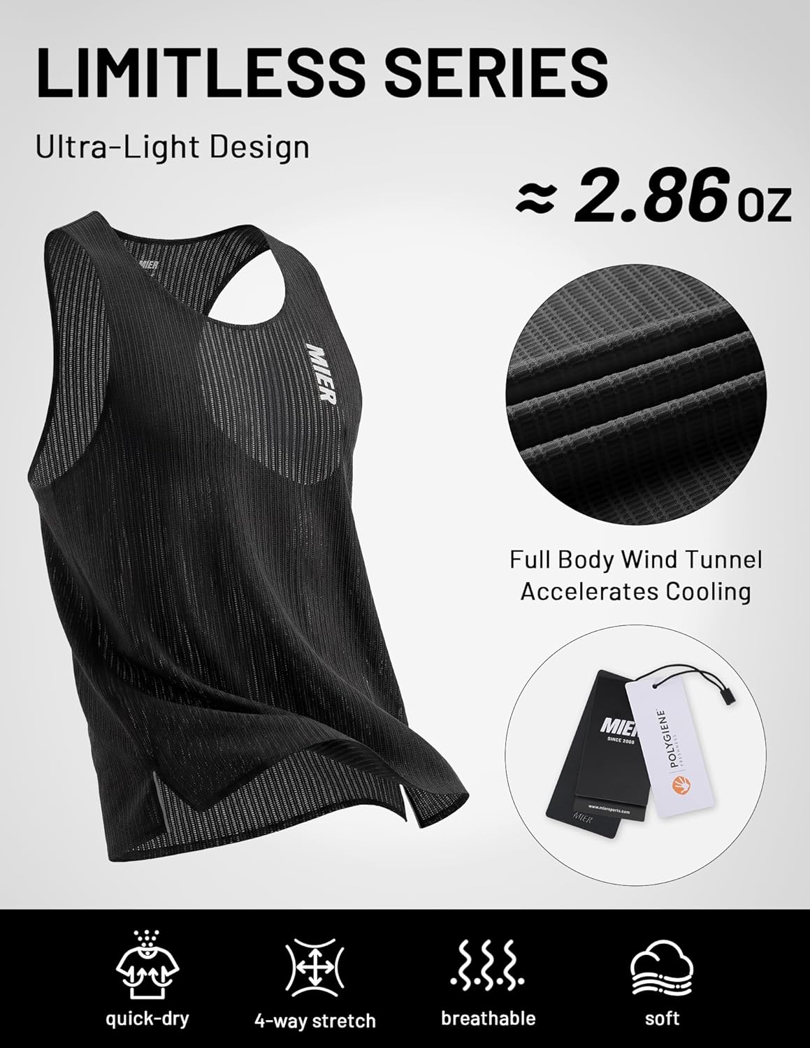 MIER Limitless - Running Tank Tops, Mens Quick Dry Seamless Marathon Racing Singlets, Ultra Lightweight