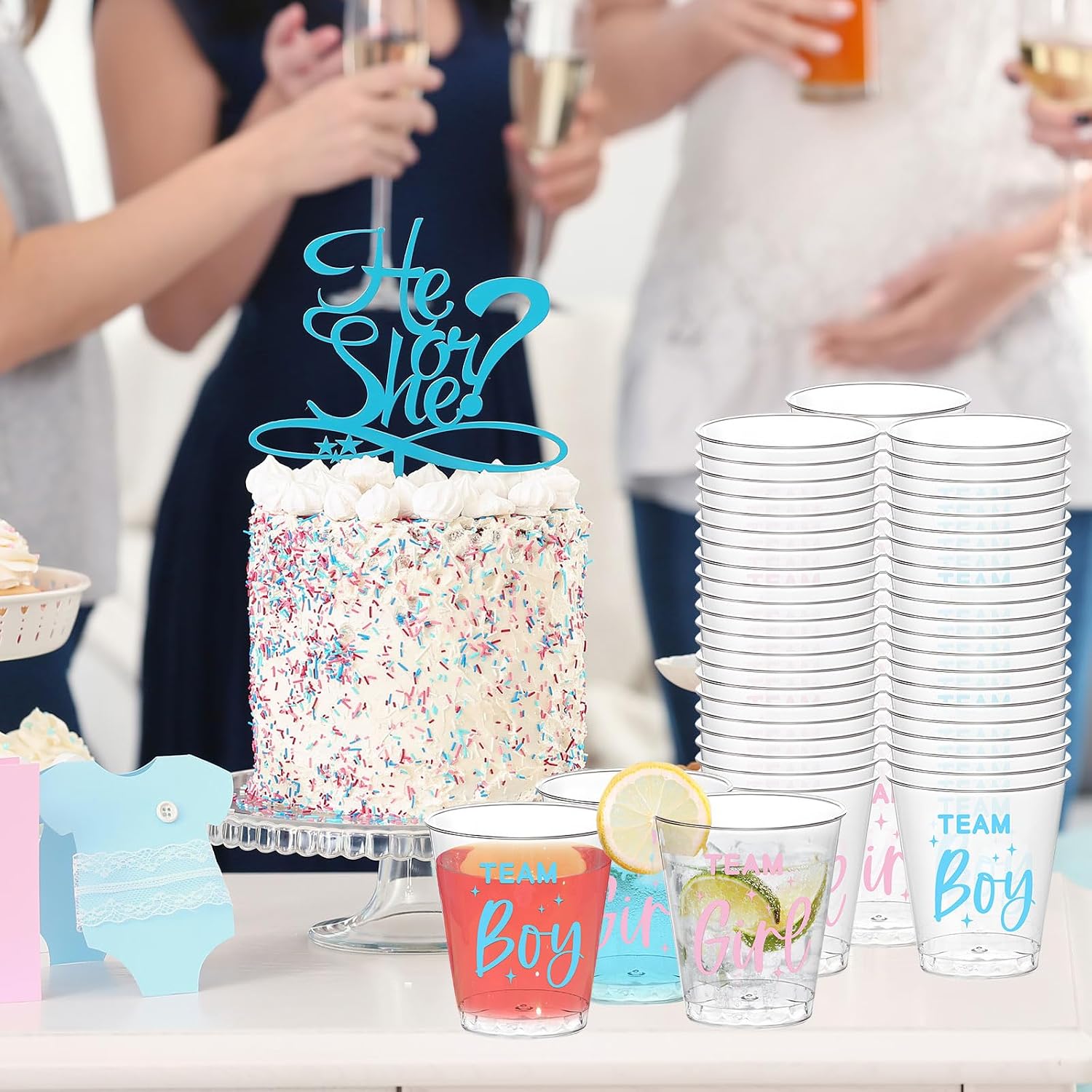 FYSUIMU 50Pcs Gender Reveal Party Shot Glasses Team Boy Team Girl Mini Shot Cups Disposable Clear Drinking Tasting Sample Cup for Baby Shower Party Supplies, 2 Oz