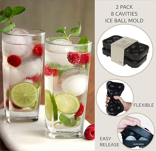 Miniatura 2 de Paquete de 2 máquinas de hielo para whisky, bandeja redonda de cubitos de hielo de 8 cavidades, molde de hielo de esfera de fusión lenta de 1.8