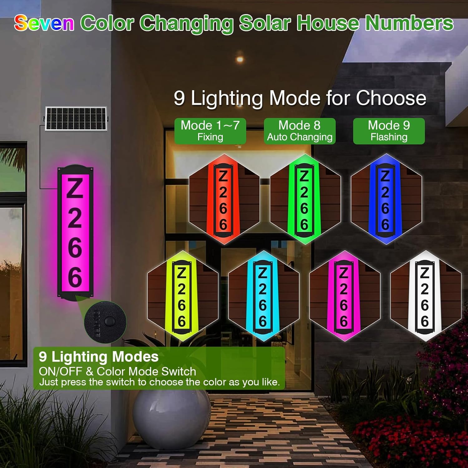 Solar House Numbers with Separate Panel, IP65 Waterproof LED Illuminated Address Sign RGB & White 6000K for Outside Horizontal & Vertical Mounted for Mailbox, Mailman, Visitors, 911, Ubereats Delivery