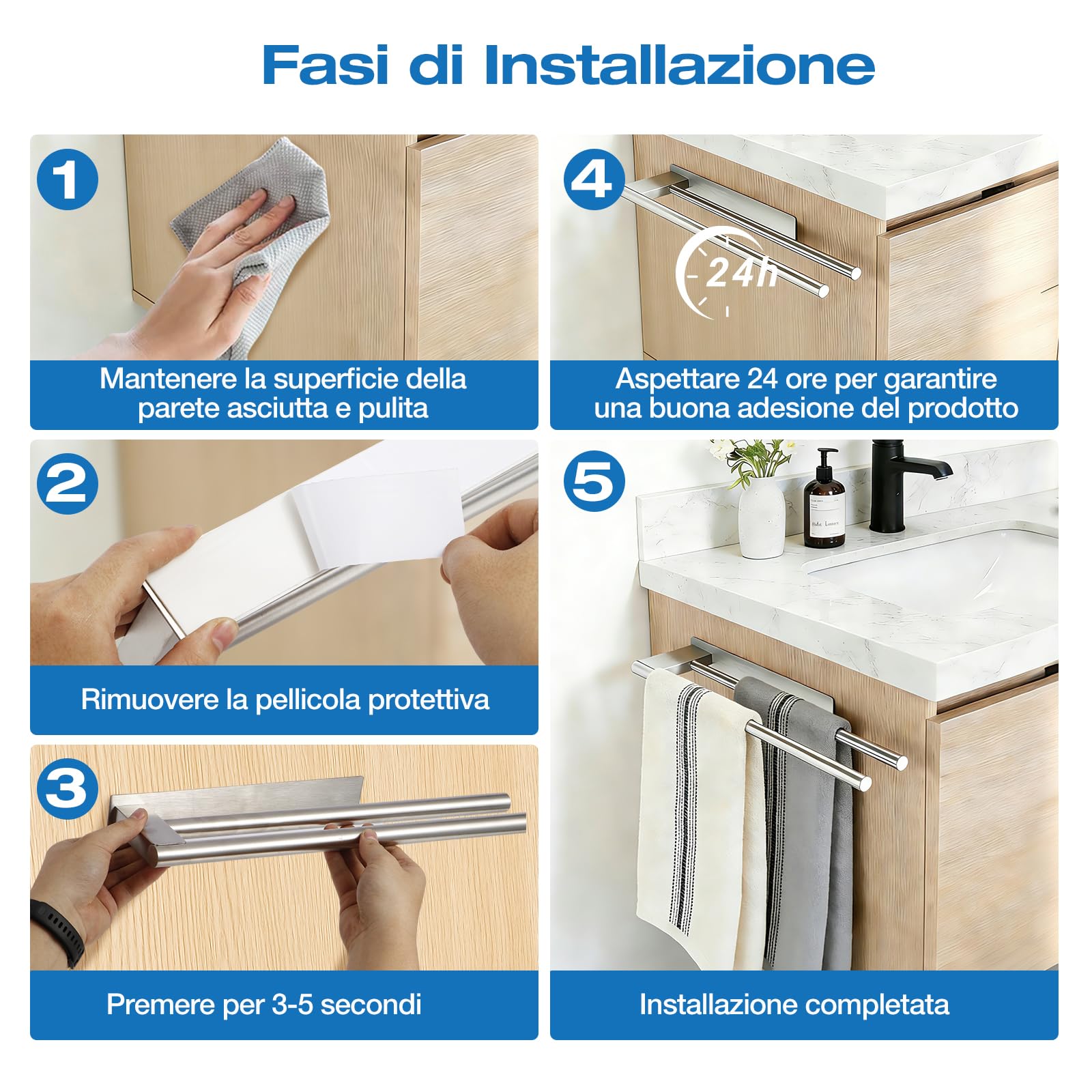 Portasciugamani Senza Foratura, in Acciaio Inox SUS304 Autoadesivo (39 cm), Barra Portasciugamani da Bagno a 2 Bracci, Tenuta Extra-Forte, Porta Asciugamani Adesivo Antiruggine per Bagni