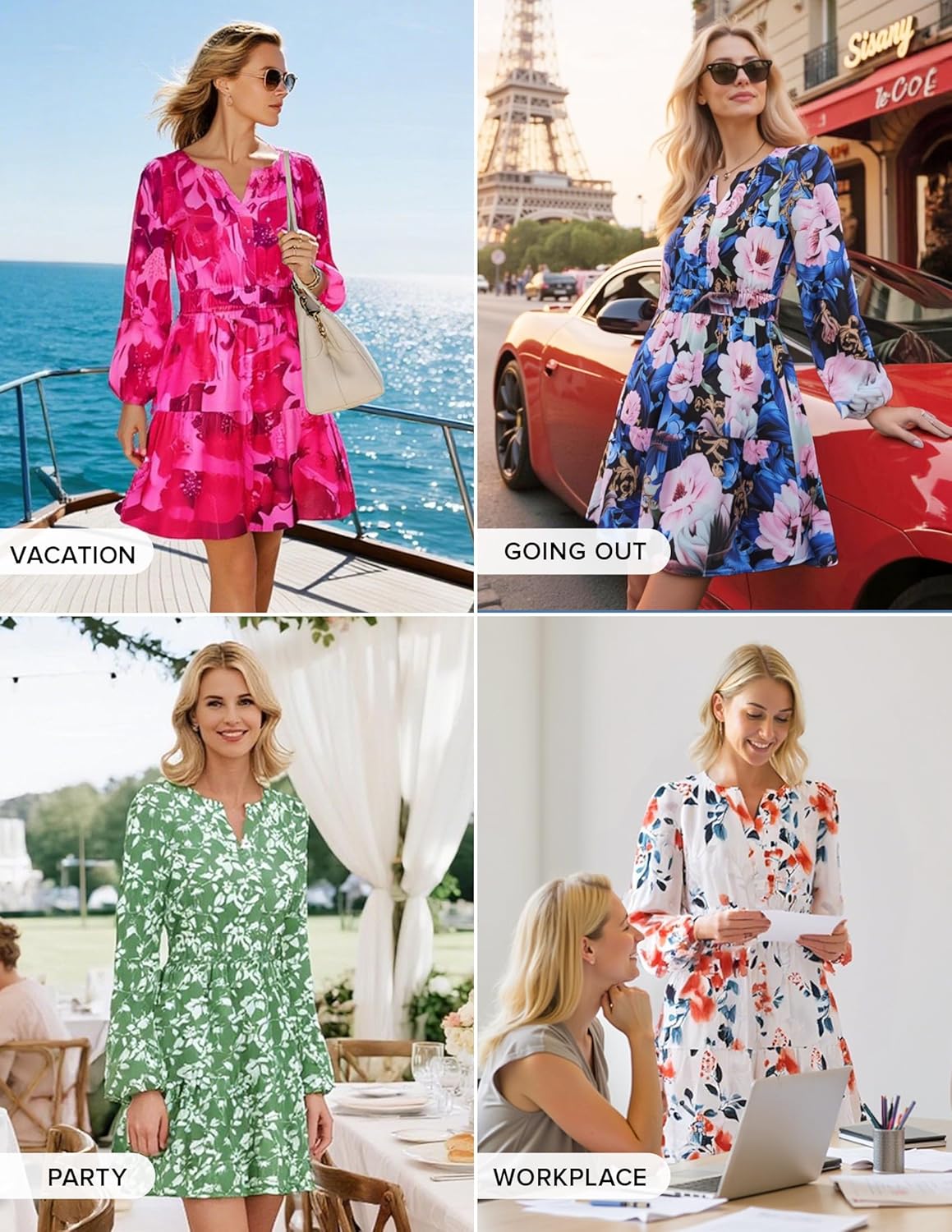 ZESICA Womens Spring Long Sleeve Floral Mini Dress 2026 Summer Boho V Neck A-Line Flowy Dresses Beach Vacation Clothes - Image 6