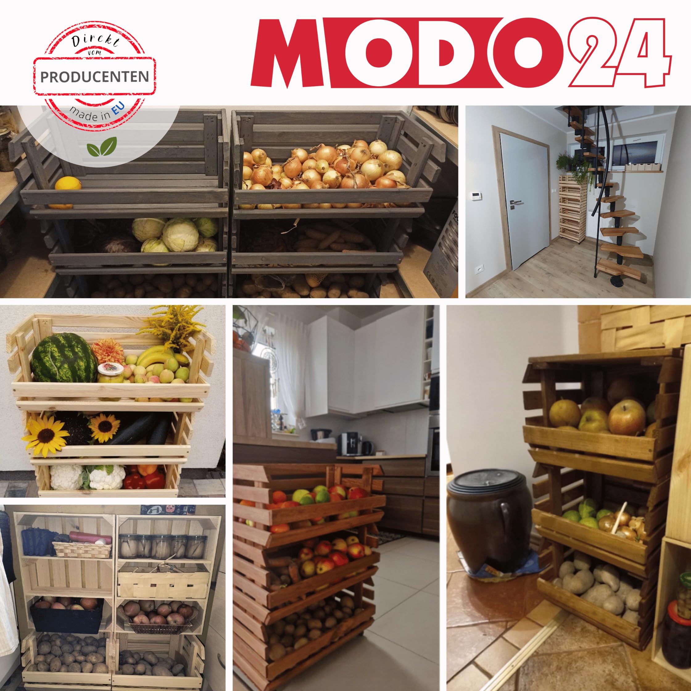Modular Holzregal für Gemüse & Obst auf Rollen, Stapelbares Regalsystem aus Kiefernholz, 5 Holzkisten, Kartoffelsteige, Küchenregal, Vorratsregal, Gemüseregal, Abm. 132x37x30 cm, Fargbe: Grau