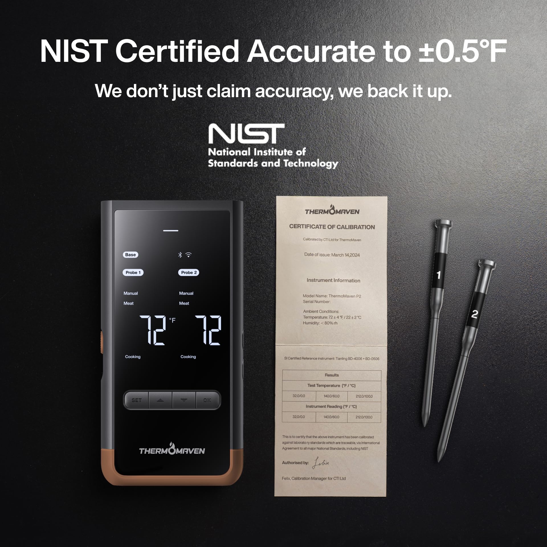 ThermoMaven Termómetro inalámbrico Bluetooth inteligente para carne: base independiente, alcance ilimitado WiFi, 6 sensores con precisión certificada por NIST, 2 sondas para cocina, barbacoa, horno