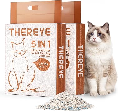 Thereye 5-in-1 Mixed Cat Litter, Upgraded for Automatic Litter Box, Fast Clumping, Ultra Absorbent, Dust-Free Natural Clumping Cat Litter, Odor Control, Non-Sticky for Multi-Cat Households 7.9lbs*2