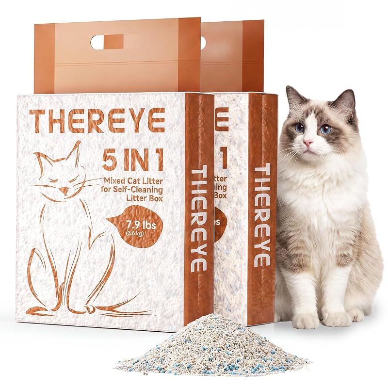 Areia para Gatos Thereye 5 em 1 com Grânulos de 2 mm para Caixa Automática, Aglomerante e Sem Perfume, 7,17 kg